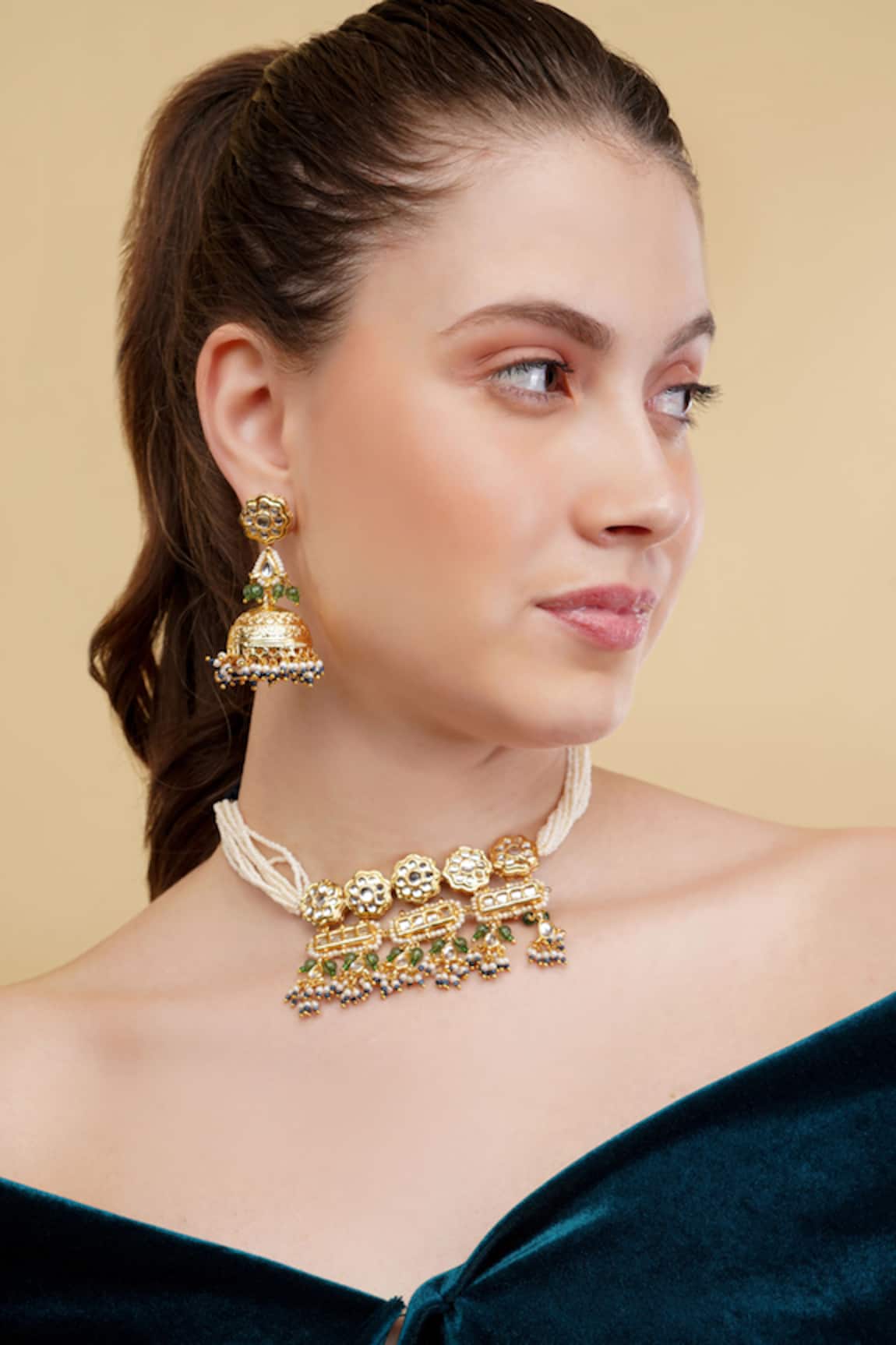 Dugran By Dugristyle Gold-Plated Green & Blue Choker Necklace 