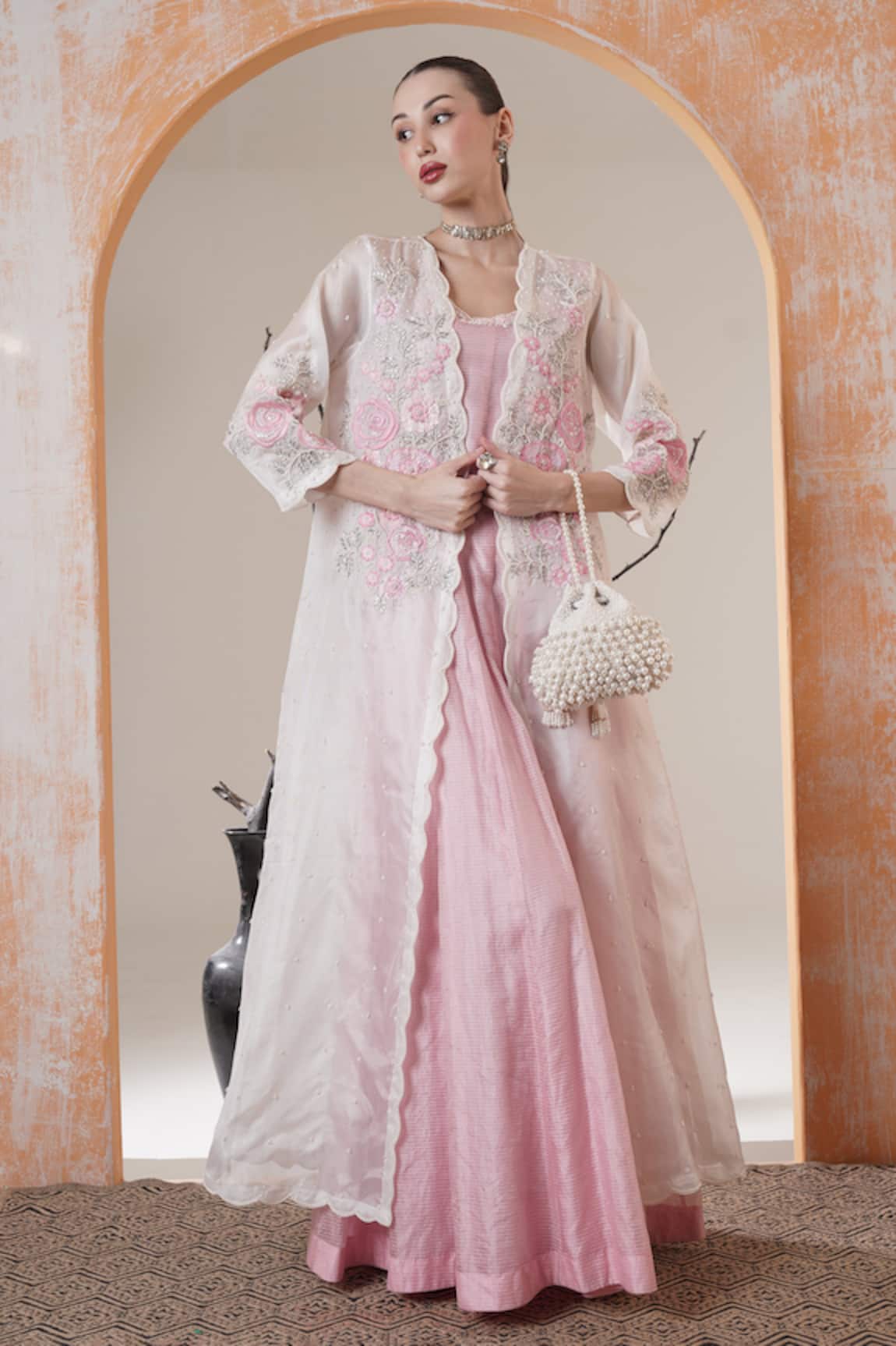 Surabhi Arya Ivory Pink Anarkali with Jacket Set 