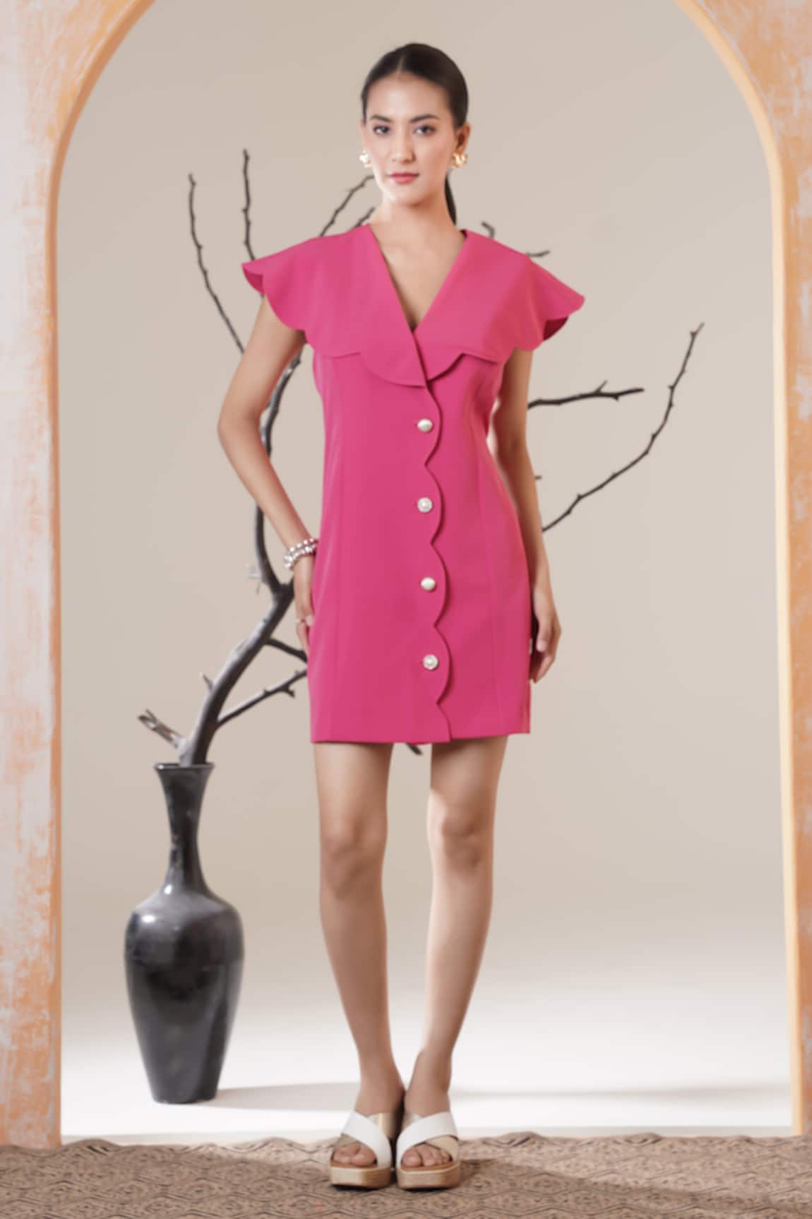 Surabhi Arya Fuchsia Ruffle Sleeve Dress 