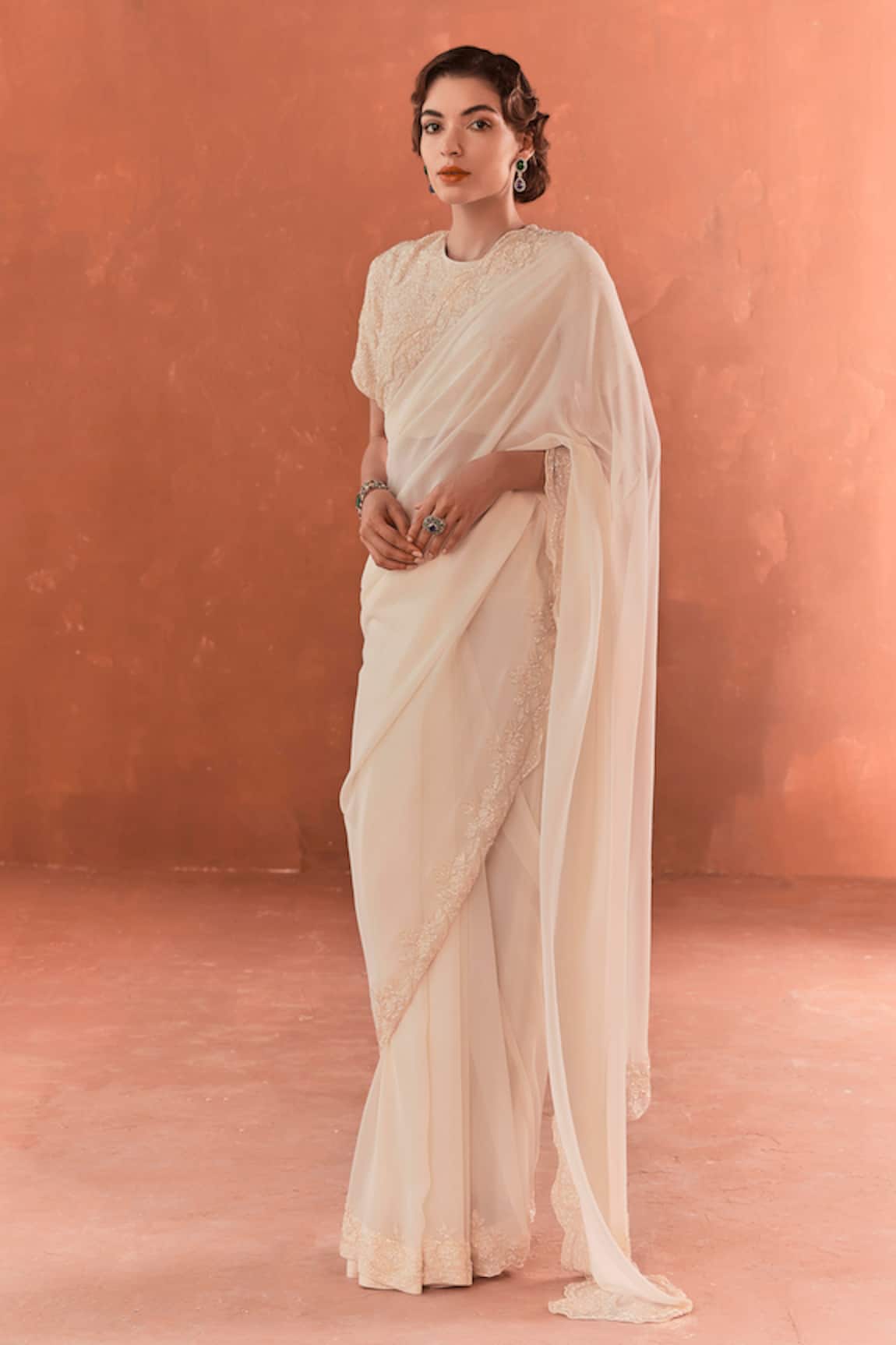 Summer by Priyanka Gupta Ivory Chandelier Georgette Saree Set 