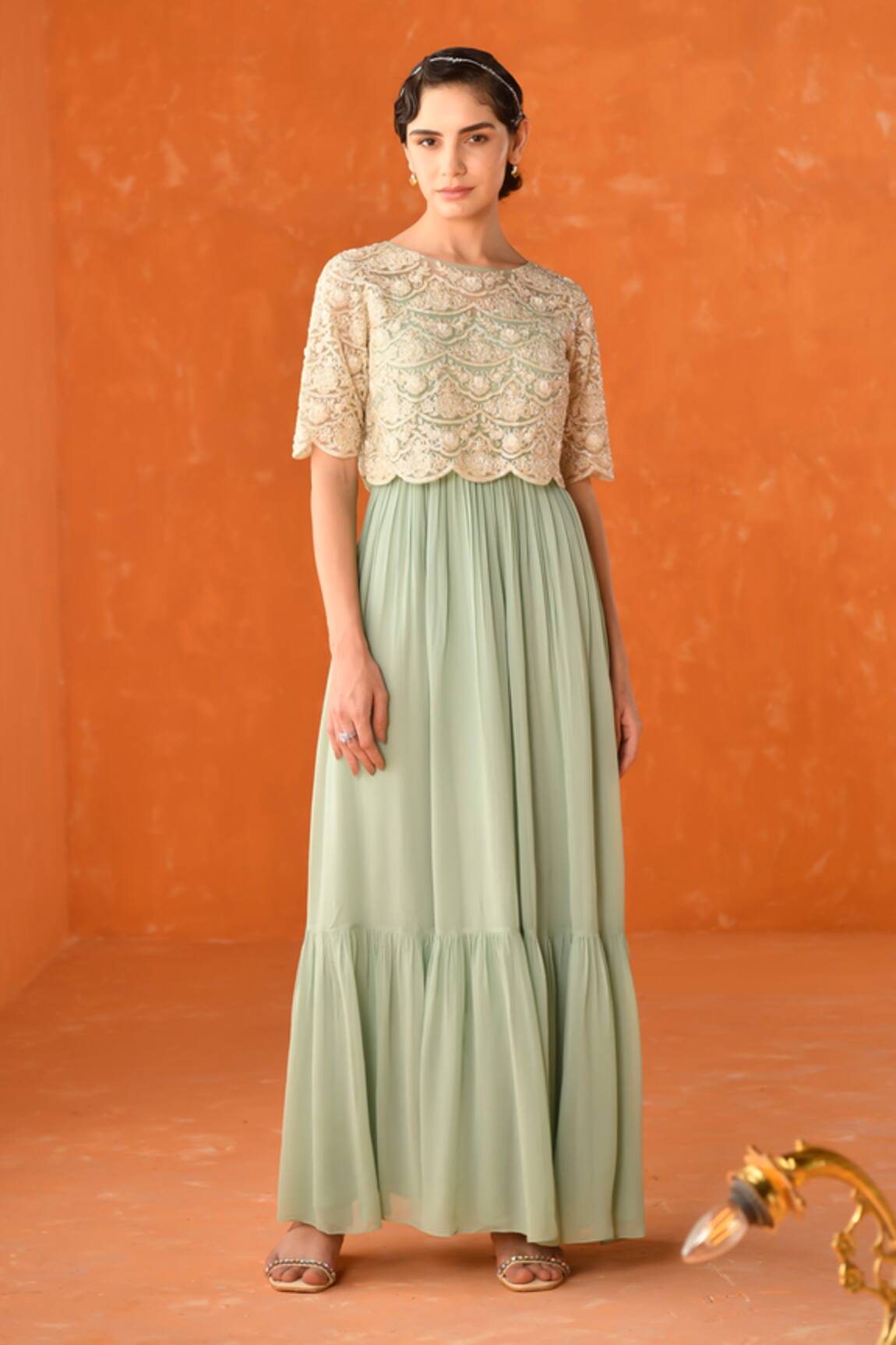 Summer by Priyanka Gupta Green Chandelier Dress with Overlay Top 