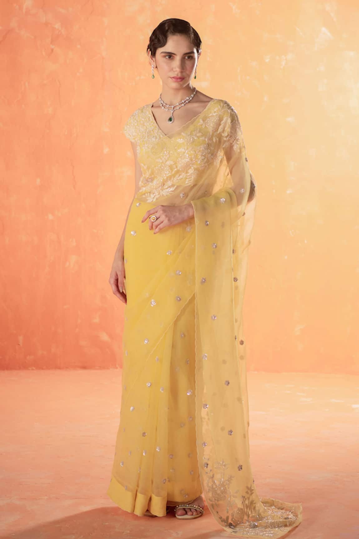 Summer by Priyanka Gupta Yellow Organza Embroidered Sparrow Saree 