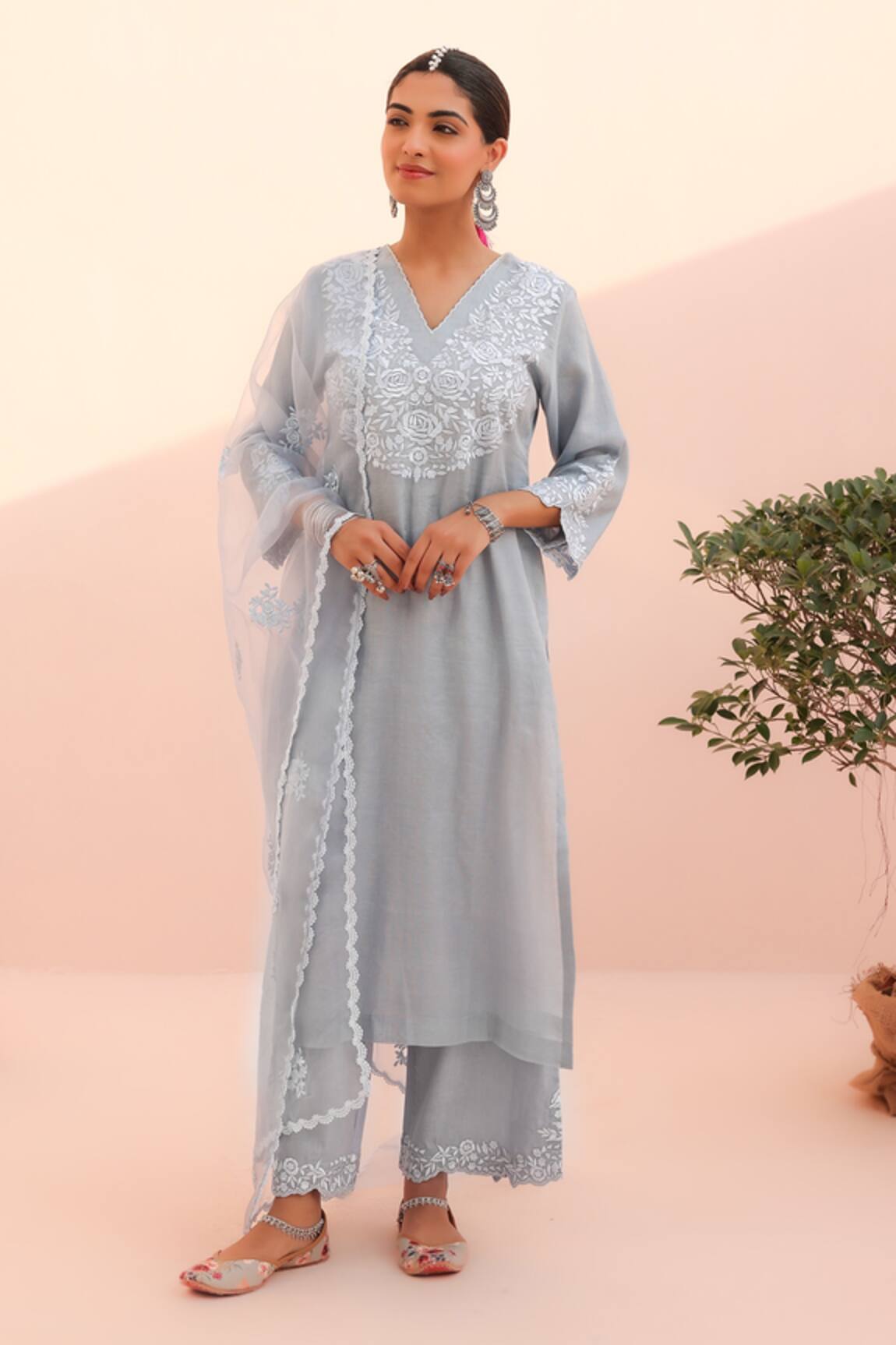 Charu Makkar Tissue Chanderi Embroidered Kurta Set 