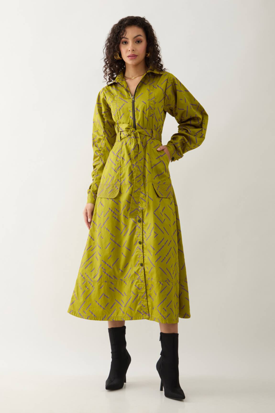 Son of A Noble Snob Leaf Green Pathway Print Midi Dress 