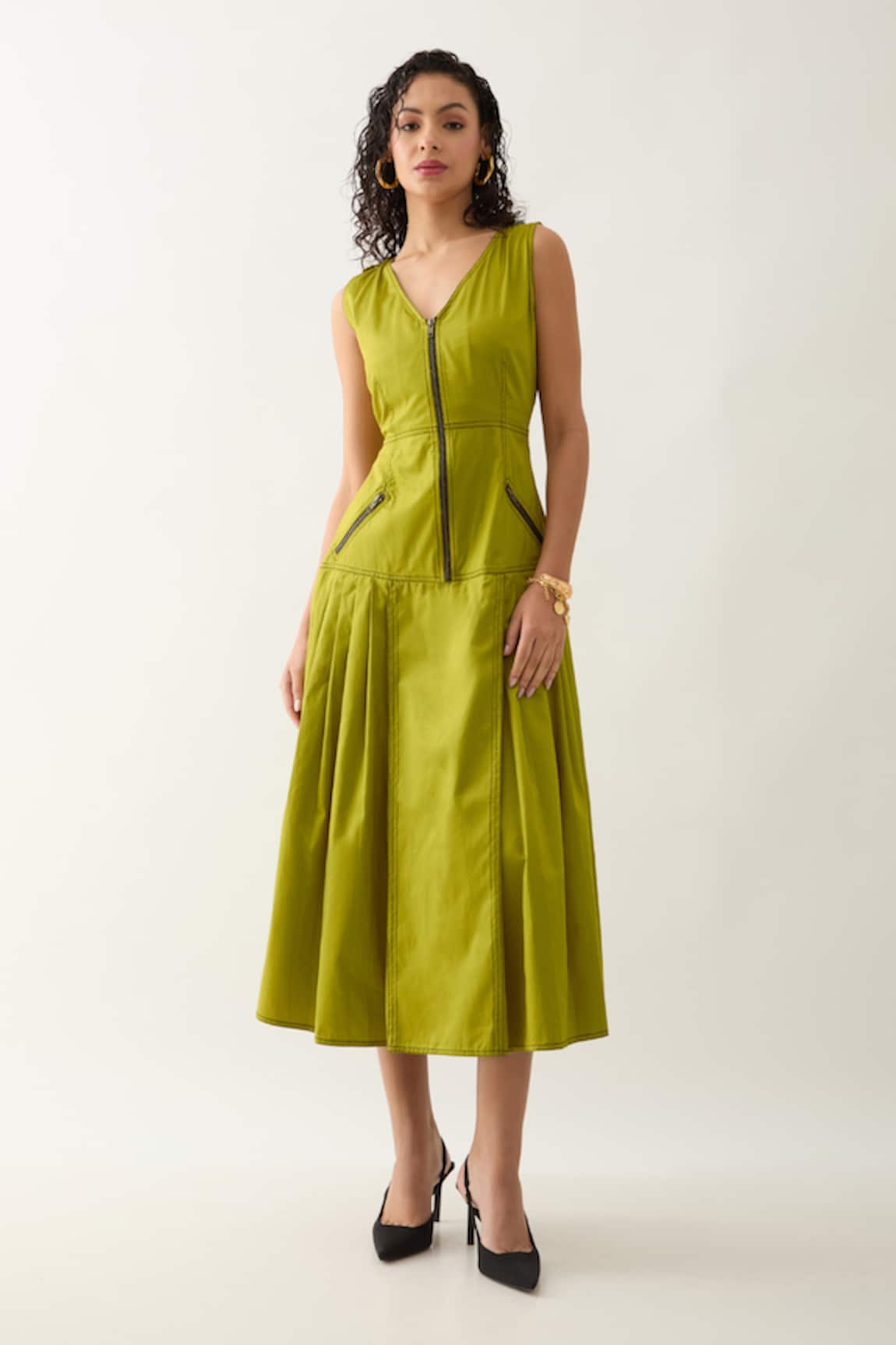 Son of A Noble Snob Leaf Green Sleeveless Midi Dress 