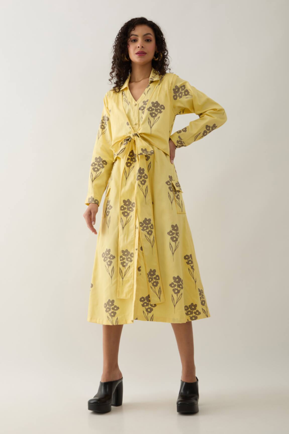 Son of A Noble Snob Lemon Yellow Farm Print Midi Dress 