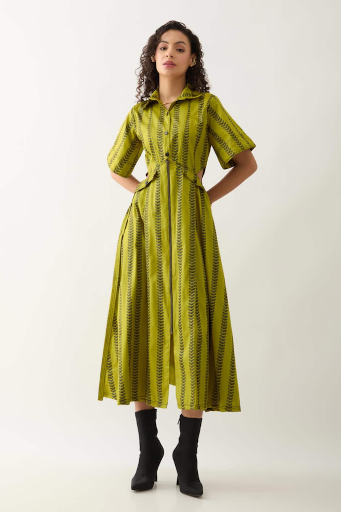 Son of A Noble Snob Leaf Green Catkin Print Midi Dress 