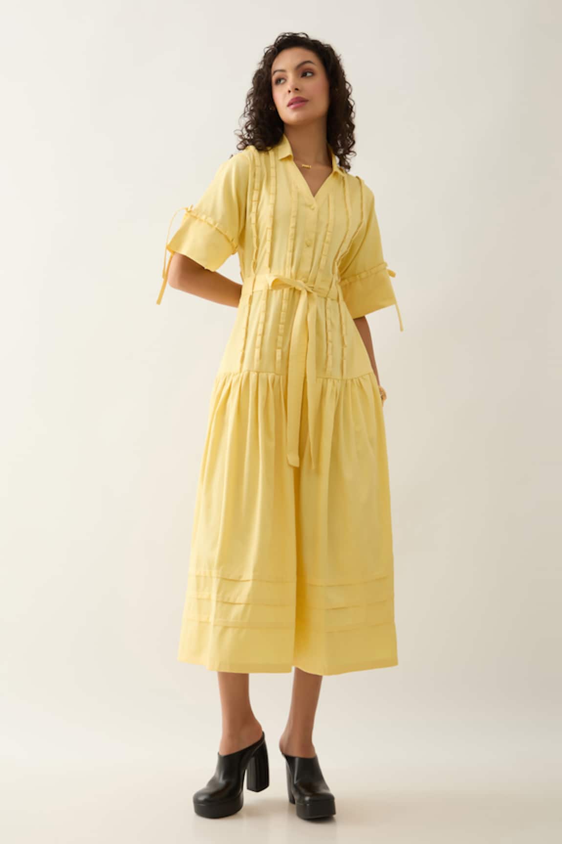 Son of A Noble Snob Lemon Yellow Fit & Flared Midi Dress 