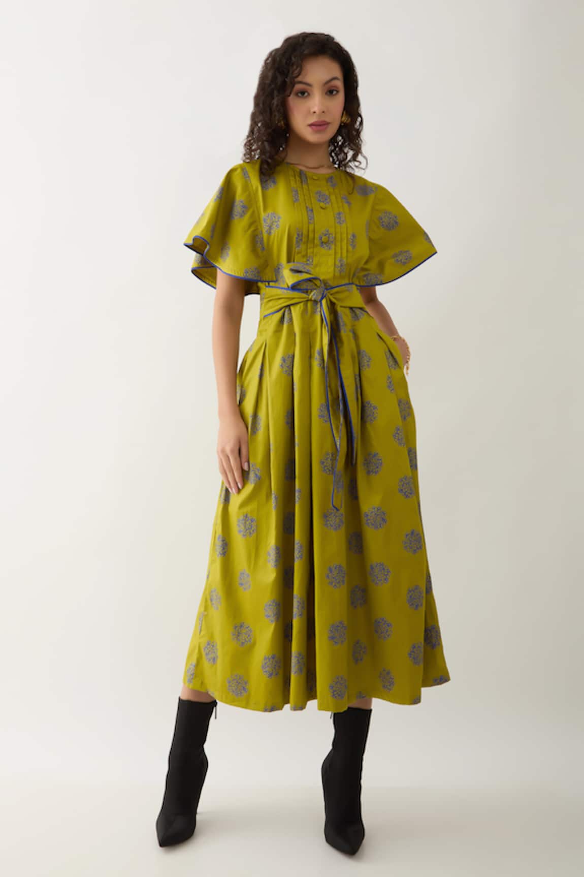 Son of A Noble Snob Leaf Green Floret Print Midi Dress 