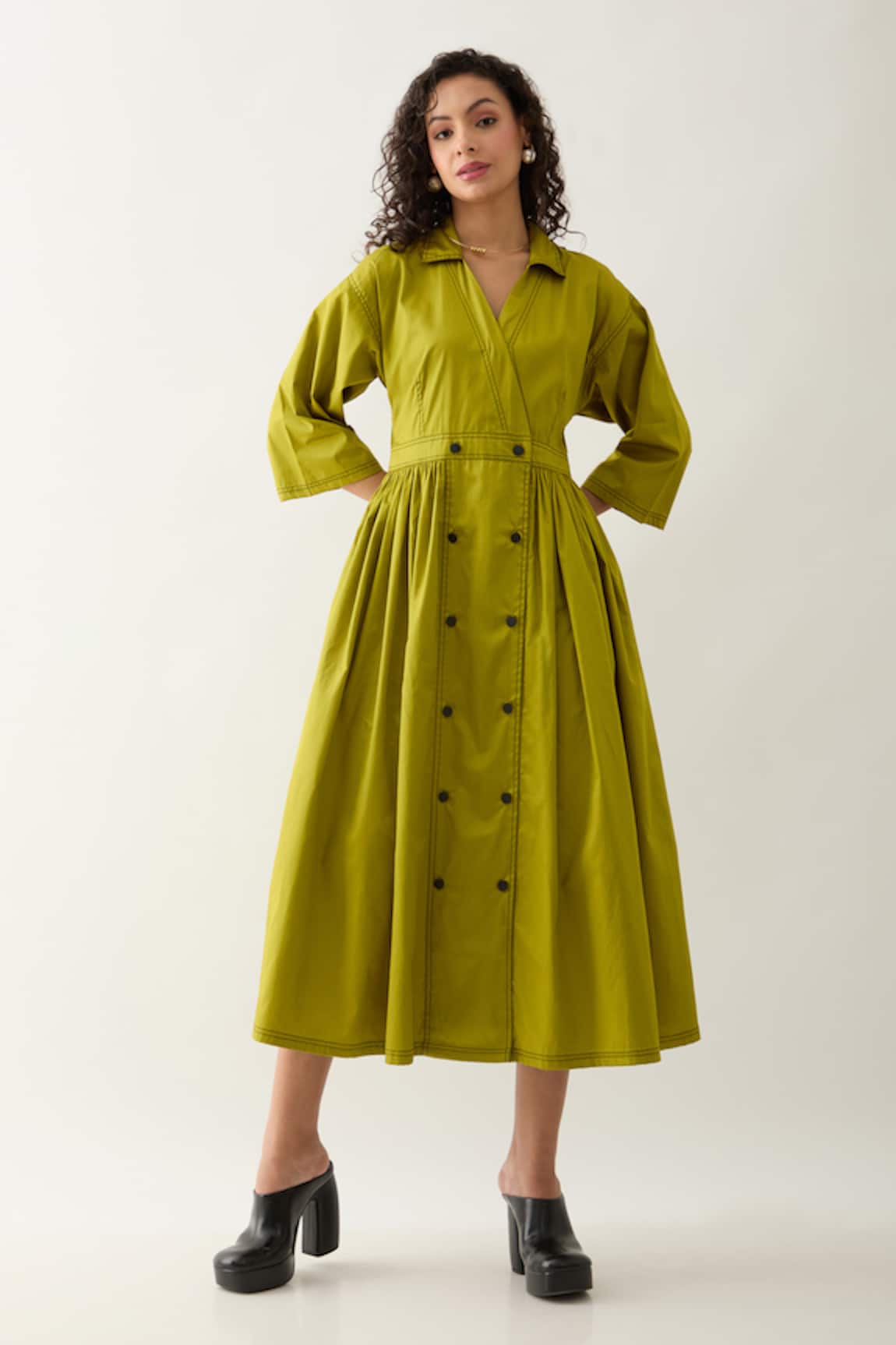Son of A Noble Snob Leaf Green Double-Breasted Midi Dress 