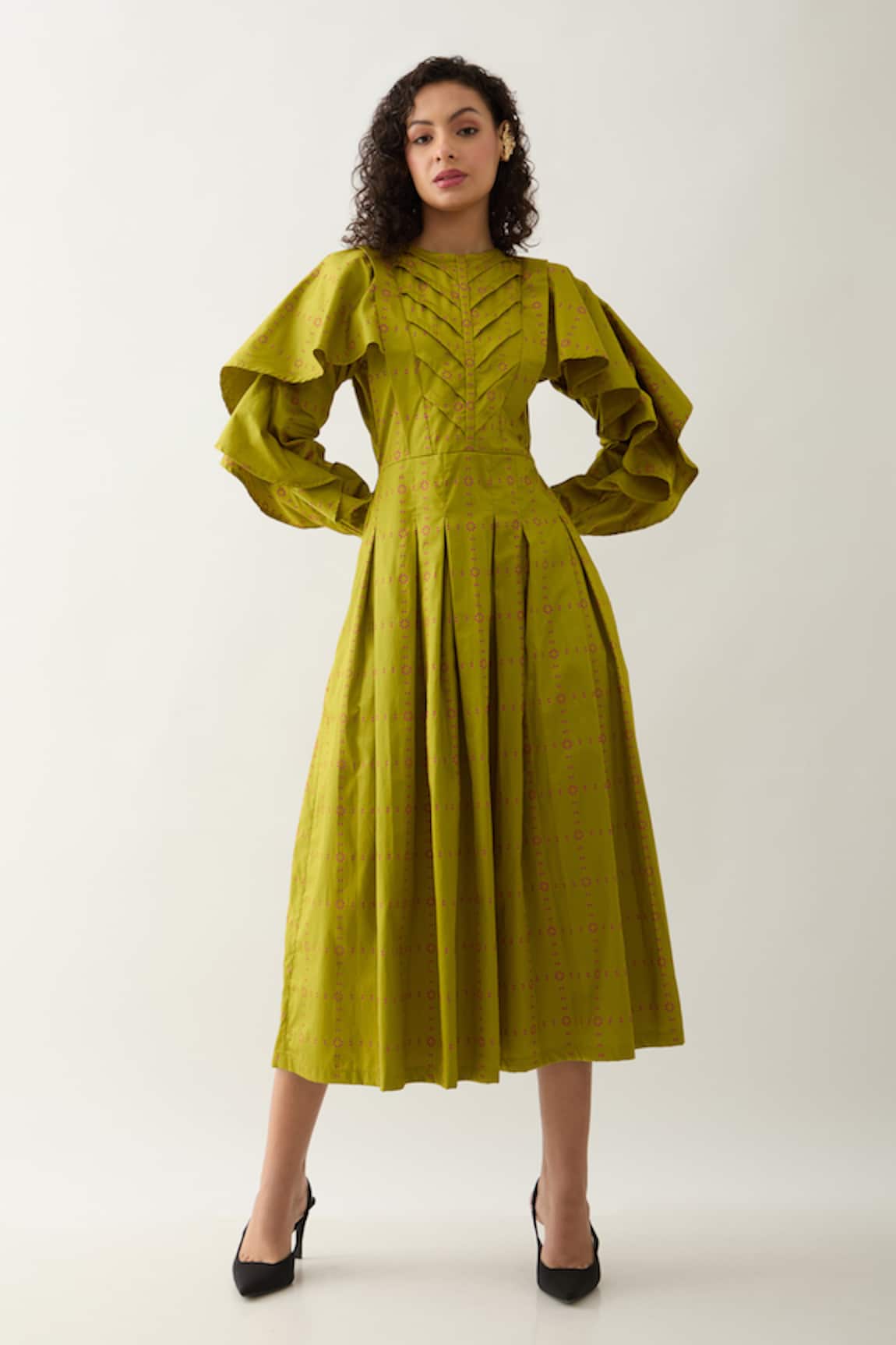 Son of A Noble Snob Leaf Green Regal Print Midi Dress 