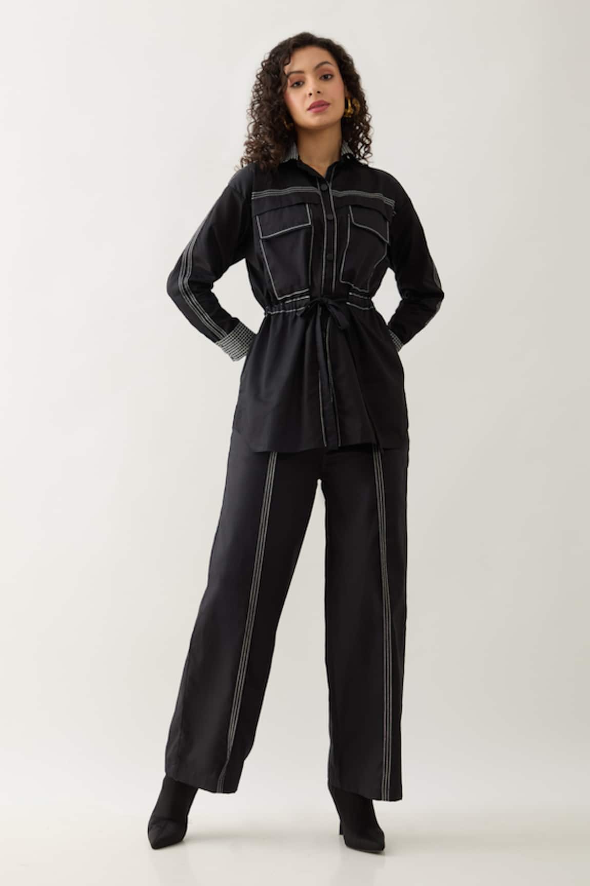 Son of A Noble Snob Black Cotton Satin Safa Co-ord Set 