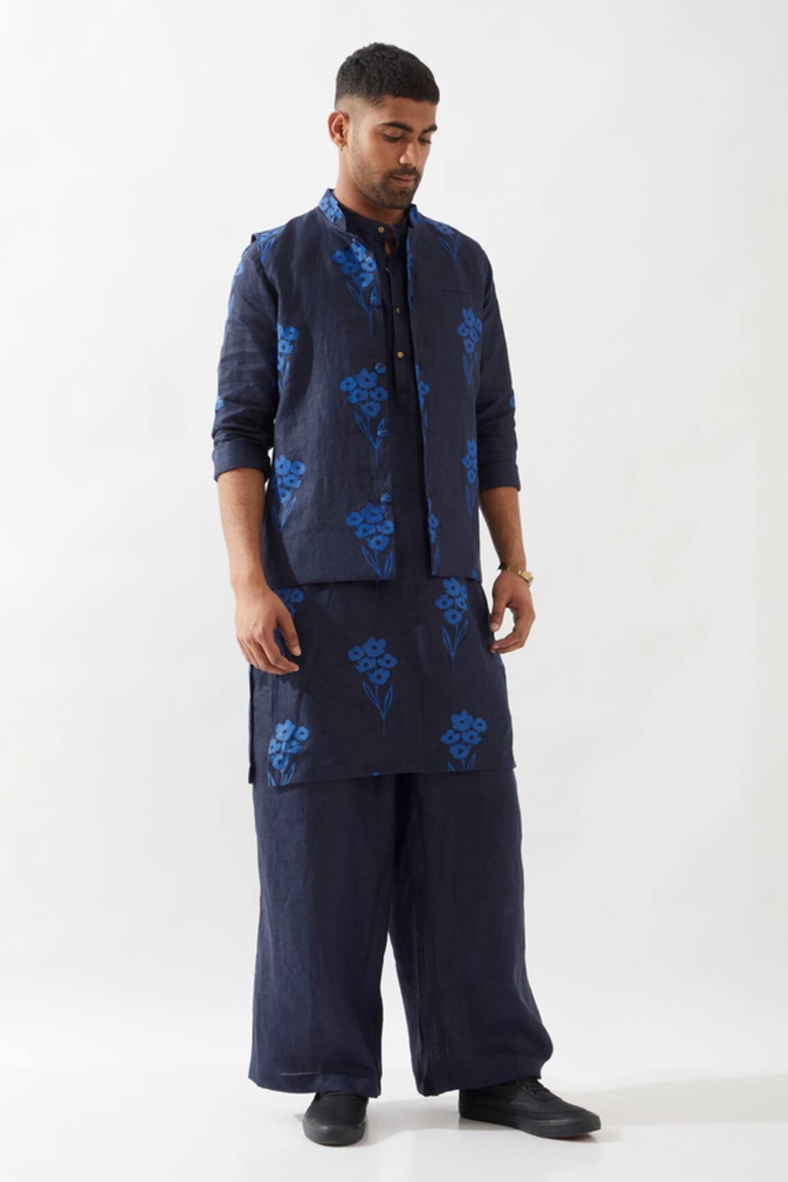 Son of A Noble Snob Navy Floral Print Bundi Kurta Set 
