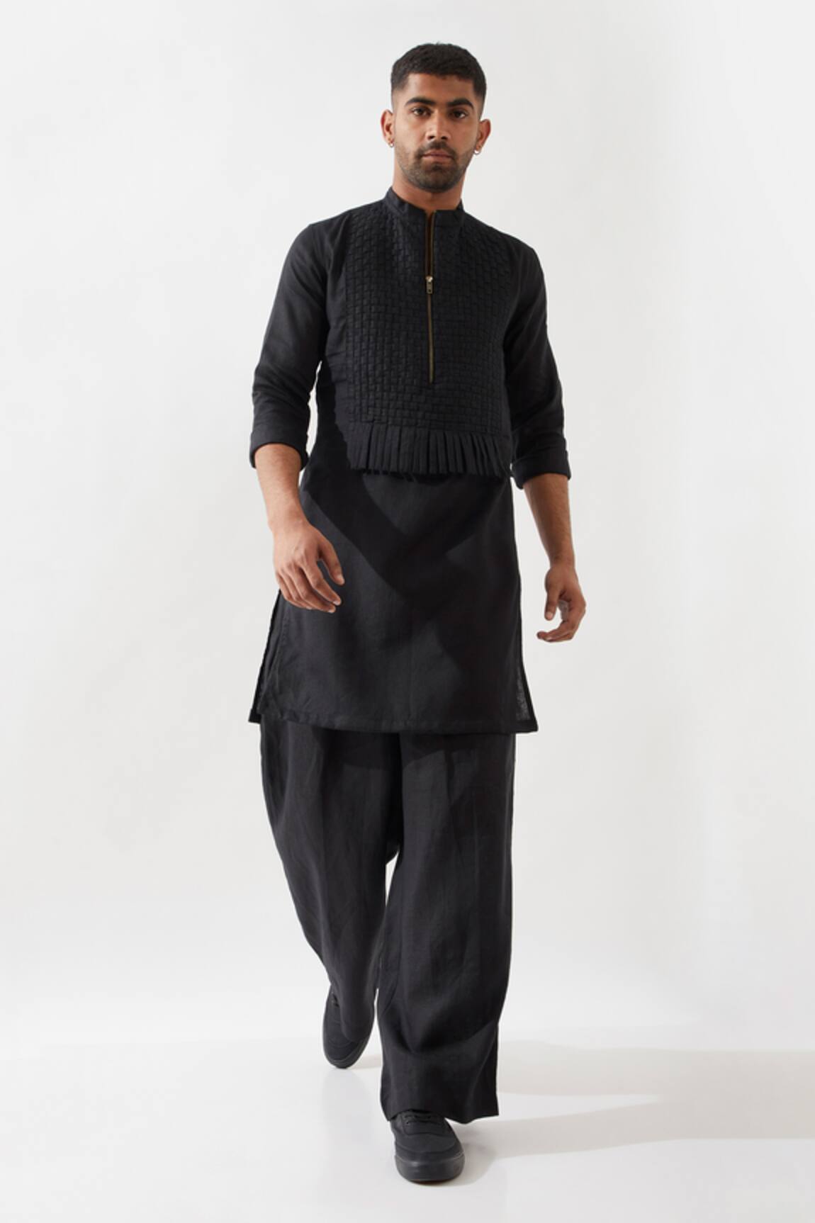 Son of A Noble Snob Black Basket Weave Kurta Set 