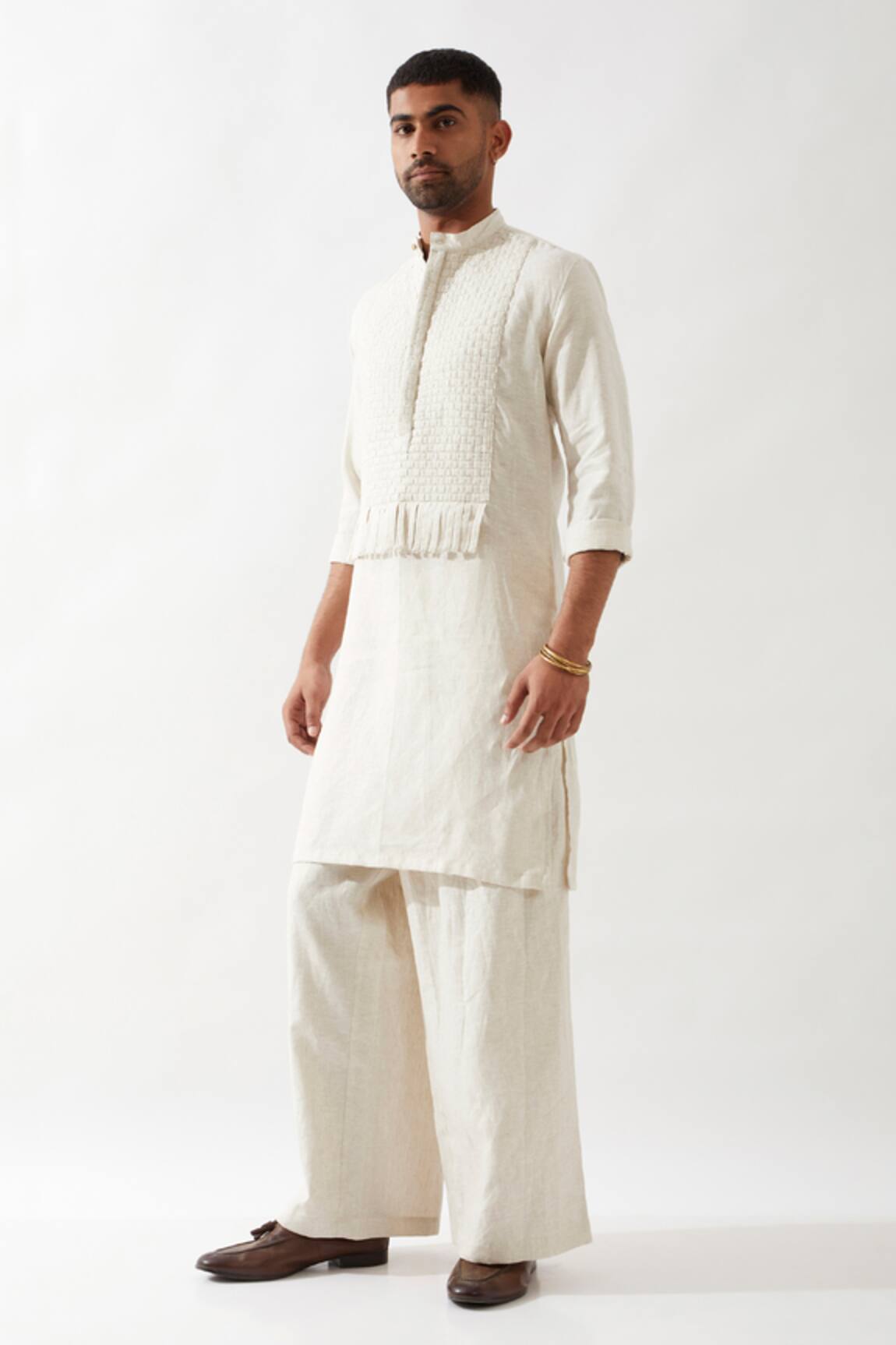 Son of A Noble Snob Ivory Linen Basket Weave Kurta Set 