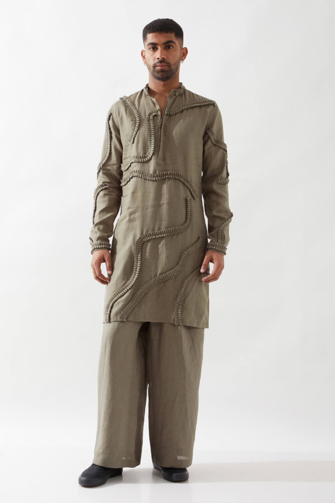 Son of A Noble Snob Olive Caterpillar Texture Kurta Set 