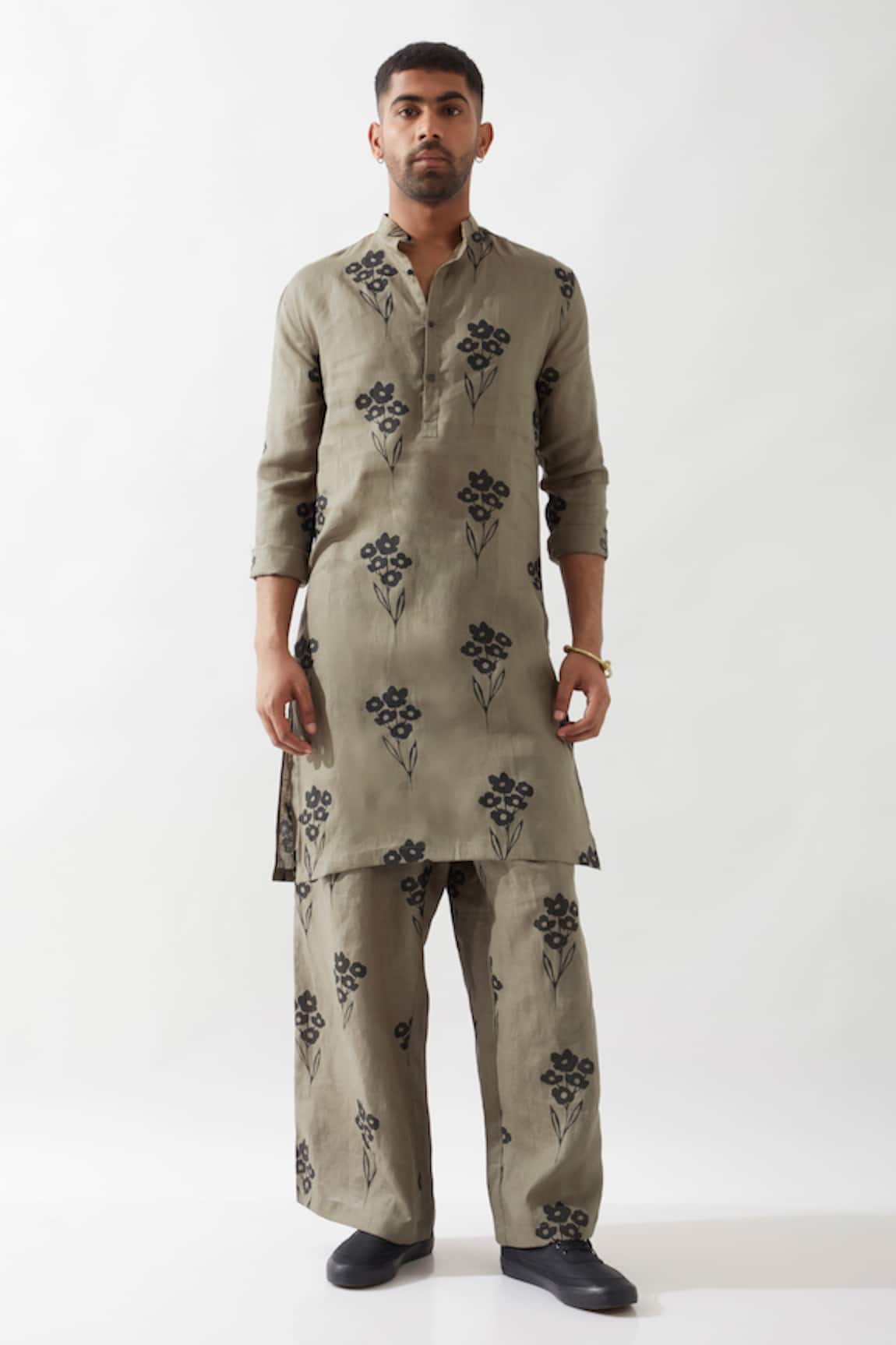 Son of A Noble Snob Olive Printed Kurta Set 