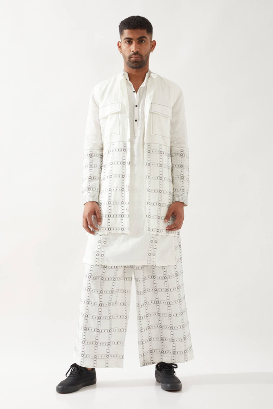 Son of A Noble Snob White Printed Bundi Kurta Trouser Set 