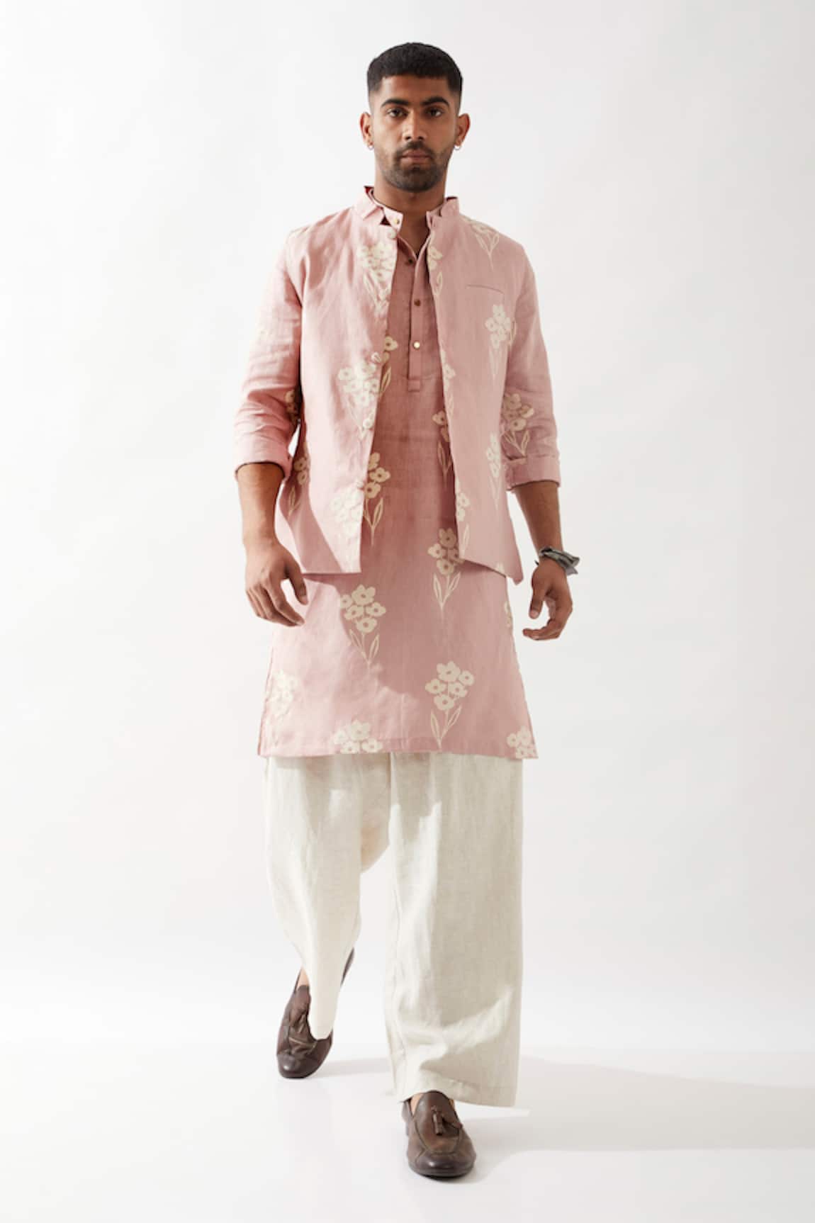 Son of A Noble Snob Pink Printed Linen Bundi 