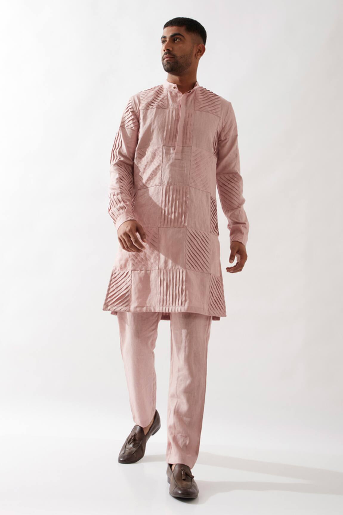 Son of A Noble Snob Solid Pleated Pink Linen Kurta Set 