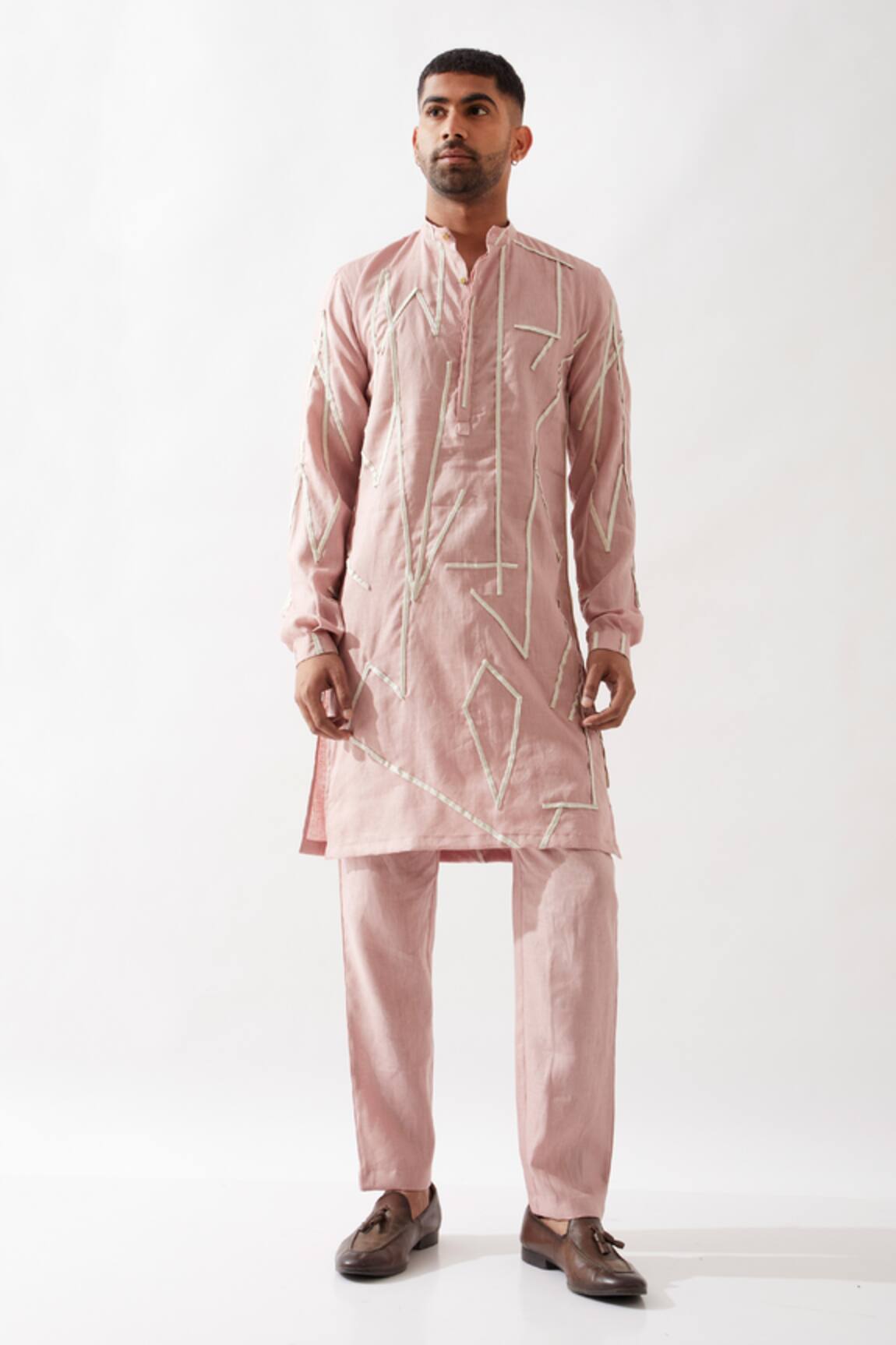 Son of A Noble Snob Applique Textured Pink Slim Fit Kurta 
