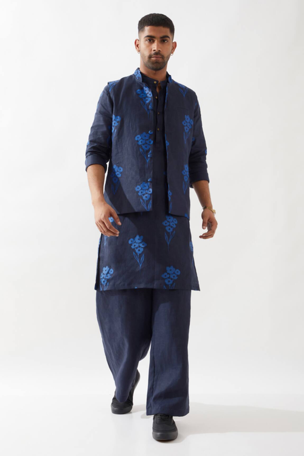 Son of A Noble Snob Navy Floral Printed Bundi Jacket 