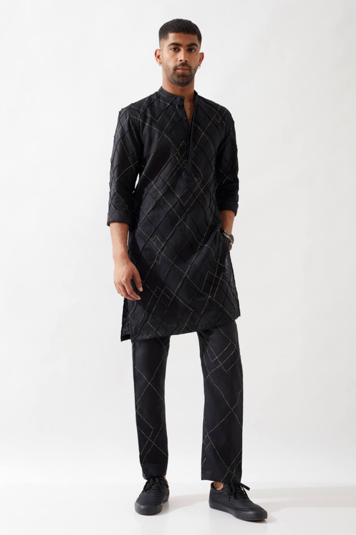 Son of A Noble Snob Slim Fit Black Printed Kurta 