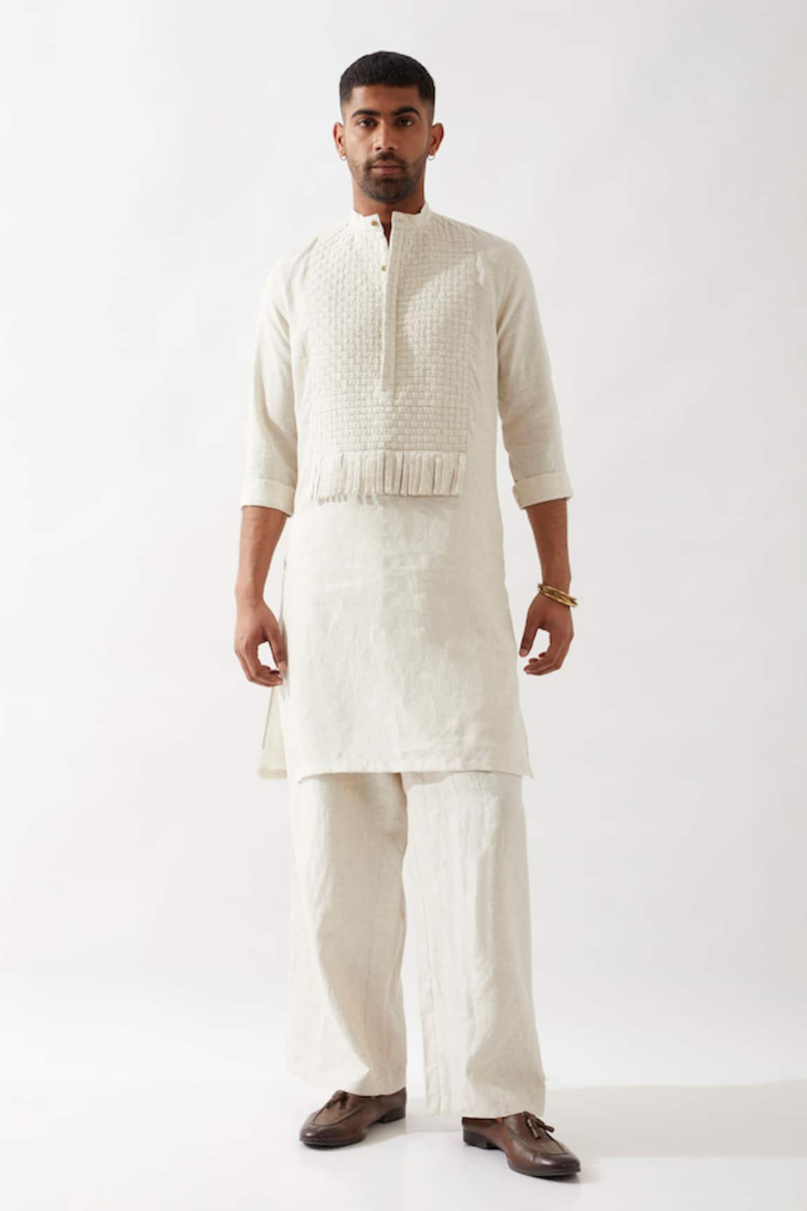 Son of A Noble Snob Ivory Basket Weave Linen Kurta 