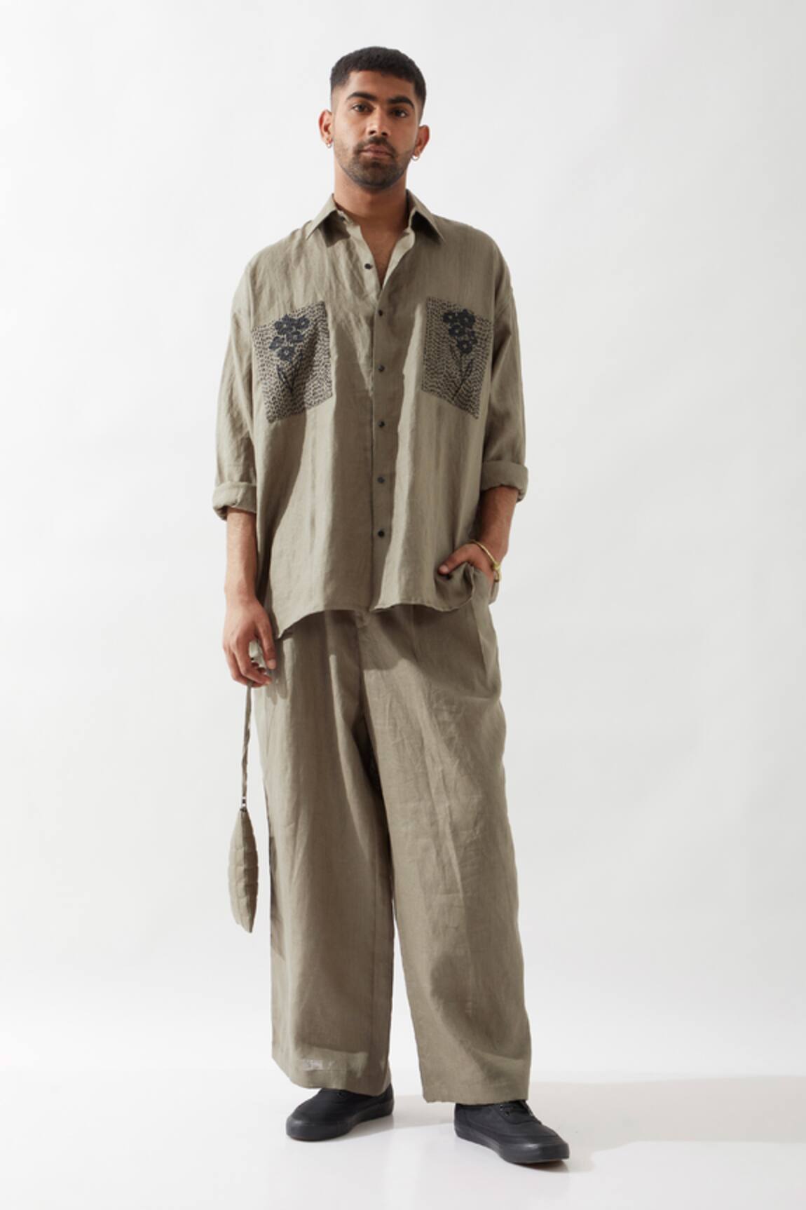 Son of A Noble Snob Olive Anti Fit Hand Embroidered Shirt 