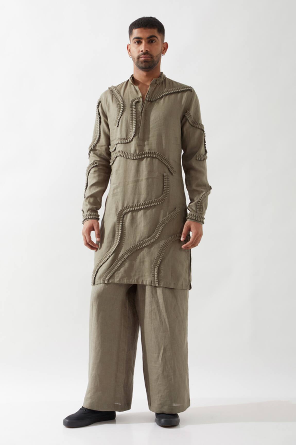 Son of A Noble Snob Olive Caterpillar Texture Kurta 