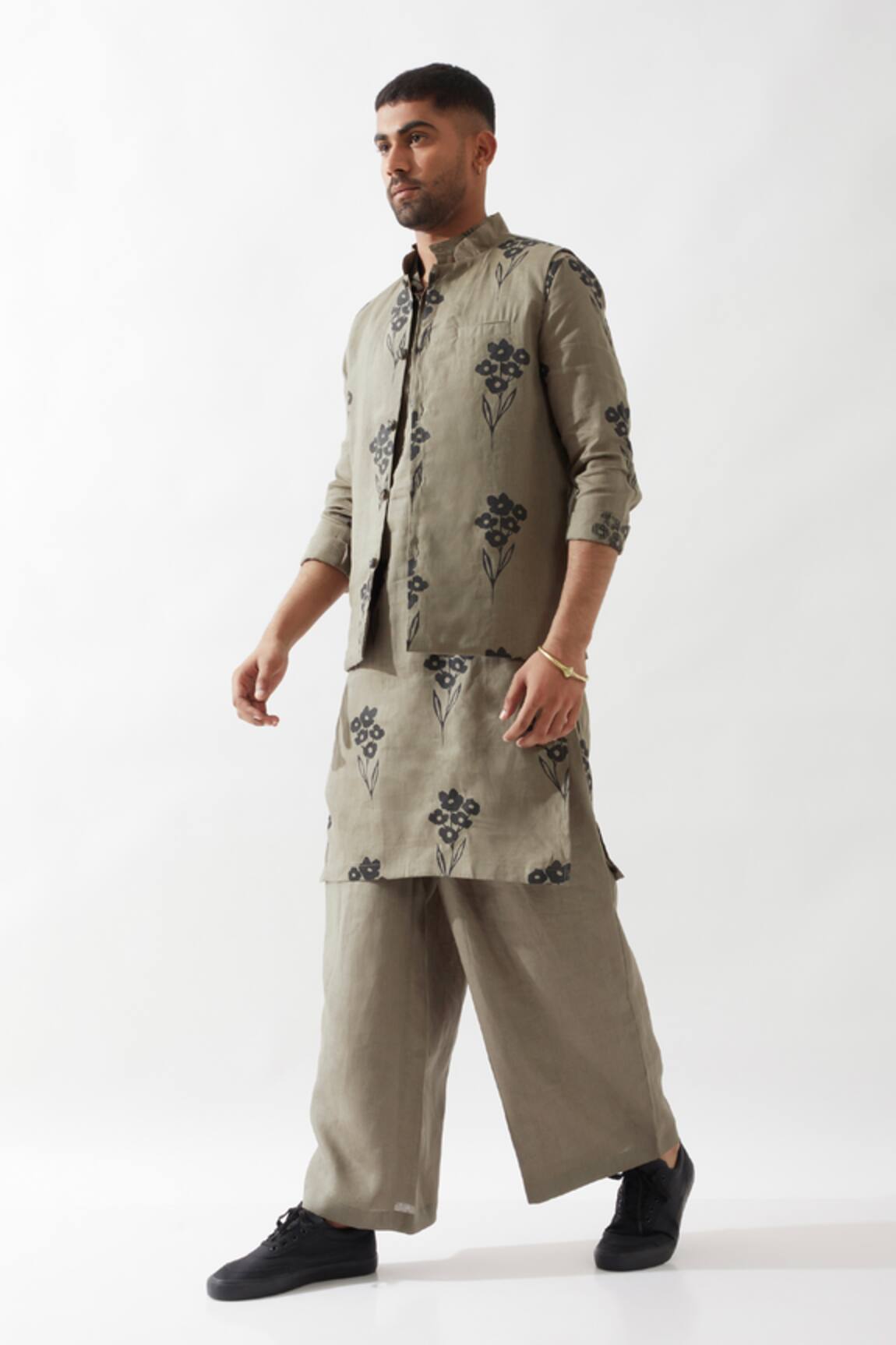 Son of A Noble Snob Olive Floral Printed Bundi 