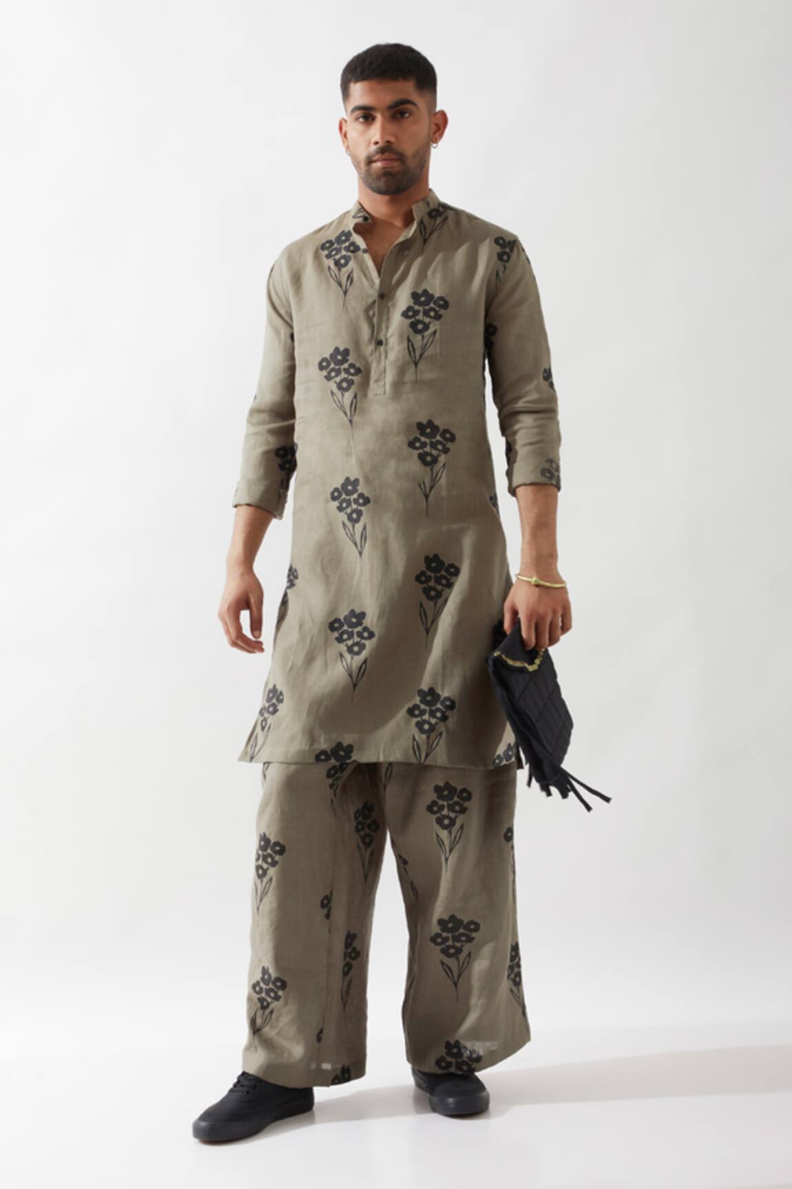 Son of A Noble Snob Olive Printed Slim Fit Kurta 