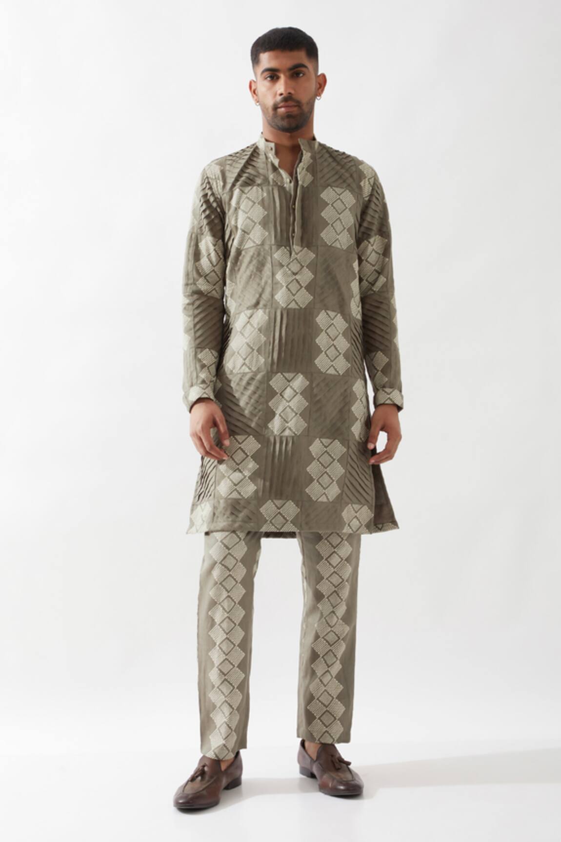 Son of A Noble Snob Olive Slim Fit Printed Kurta 