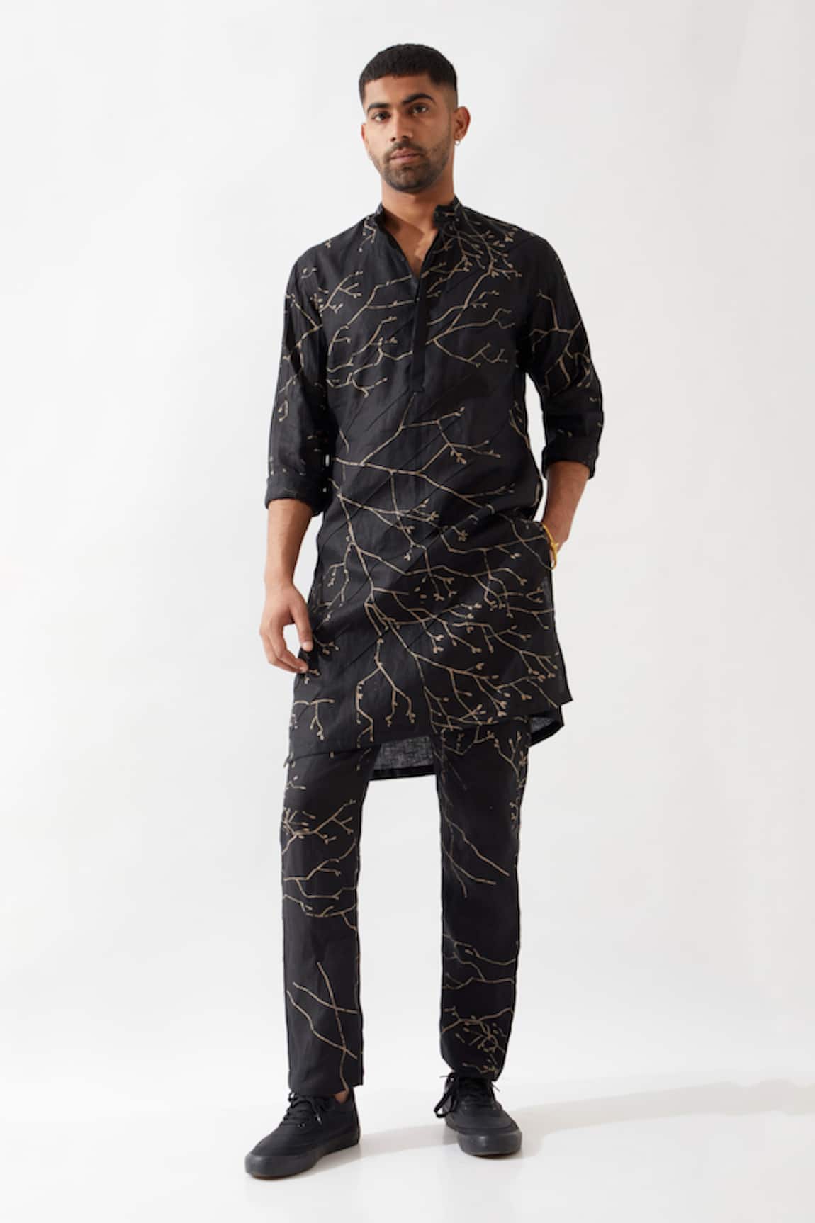 Son of A Noble Snob Slim Fit Printed Black Kurta 