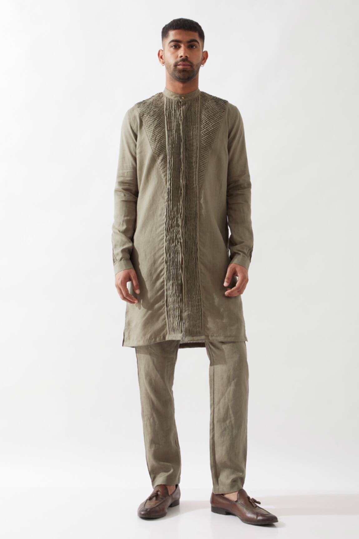 Son of A Noble Snob Olive Slim Fit Pleated Kurta 