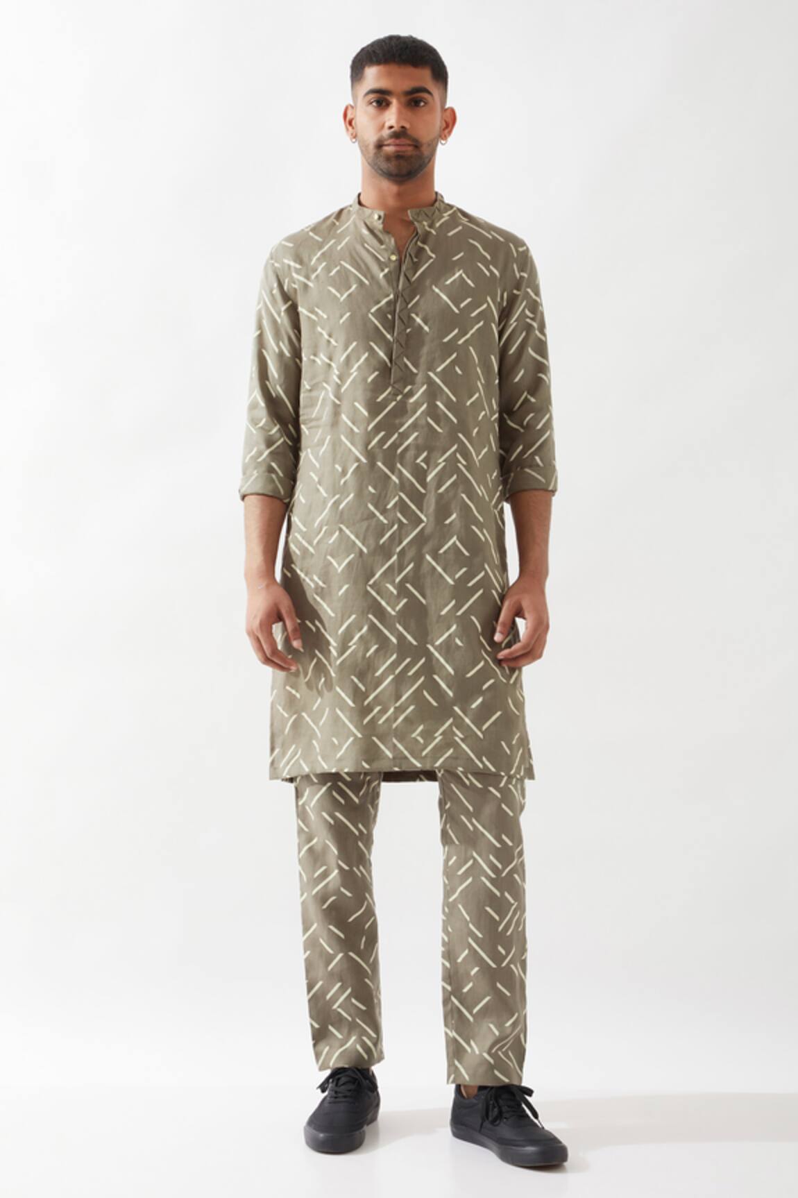 Son of A Noble Snob Olive Printed Slim Fit Kurta 