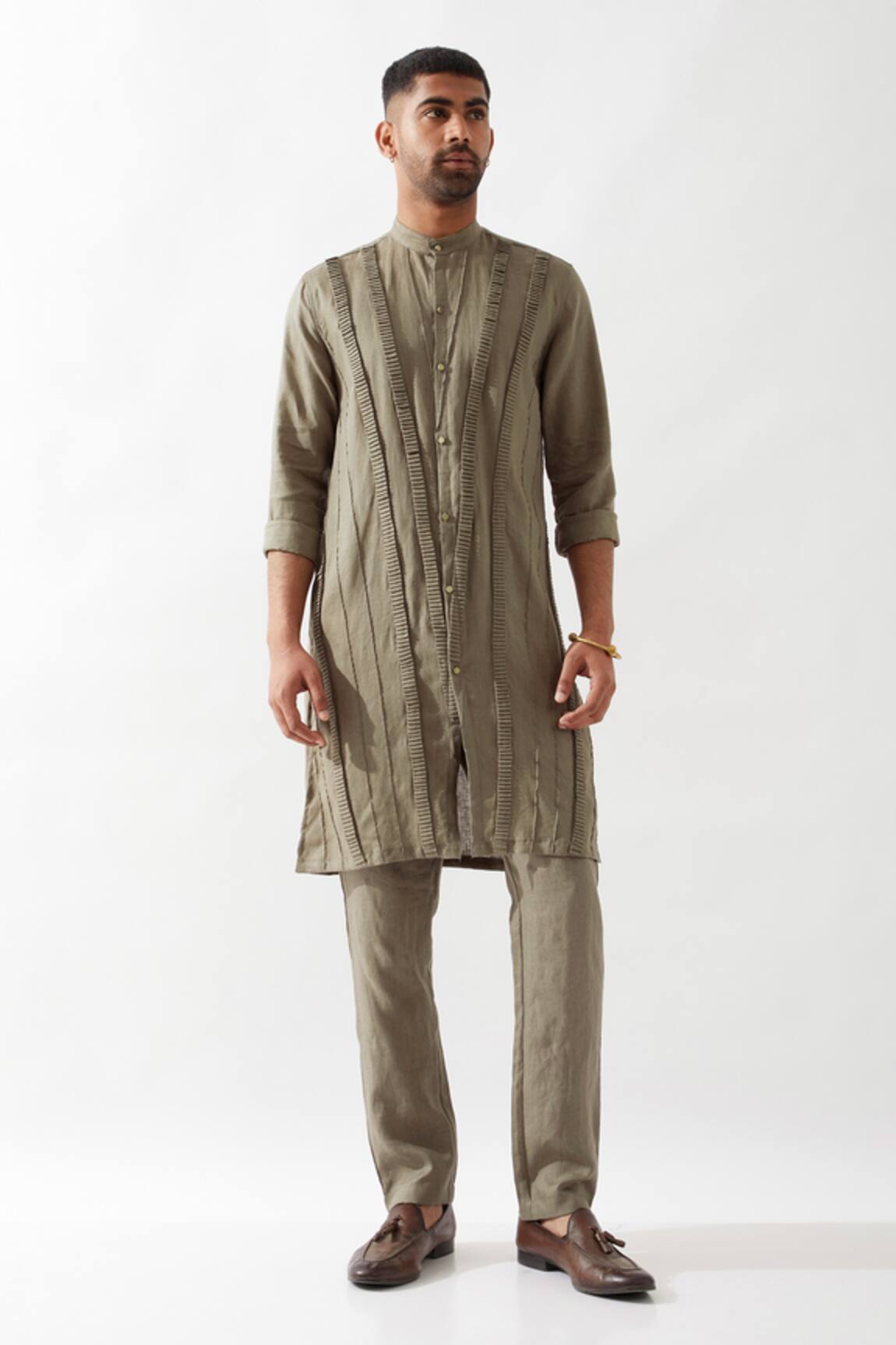 Son of A Noble Snob Olive Caterpillar Texture Kurta 