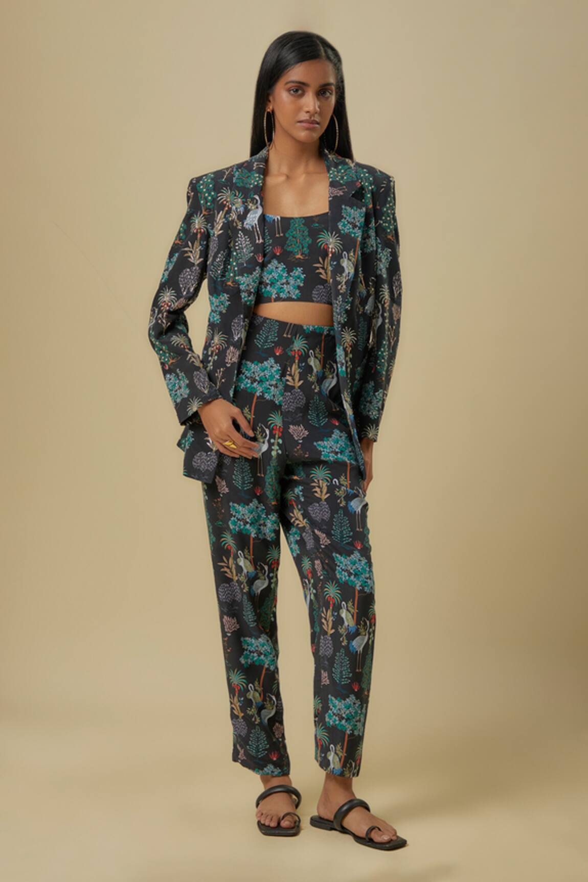 Payal Singhal Crane Print Black Pant Set 