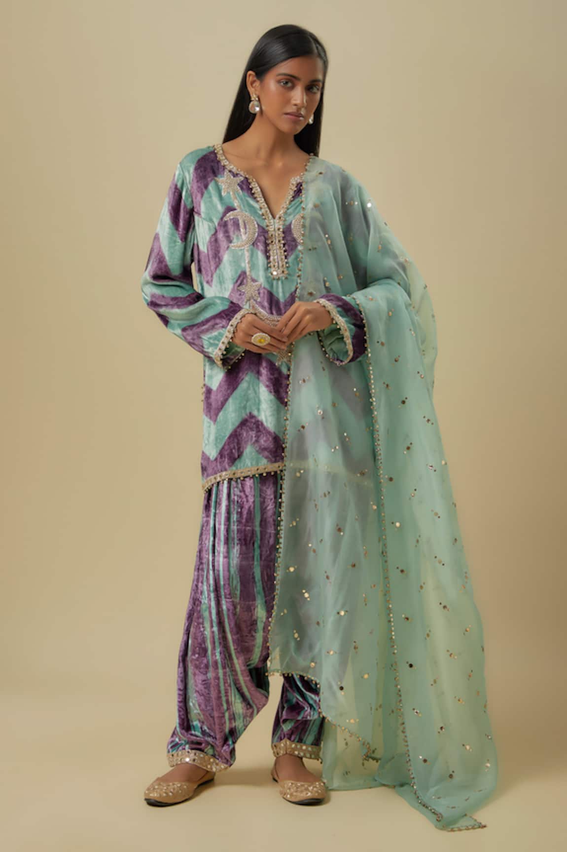 Payal Singhal Mint Green & Purple Kurta Set 