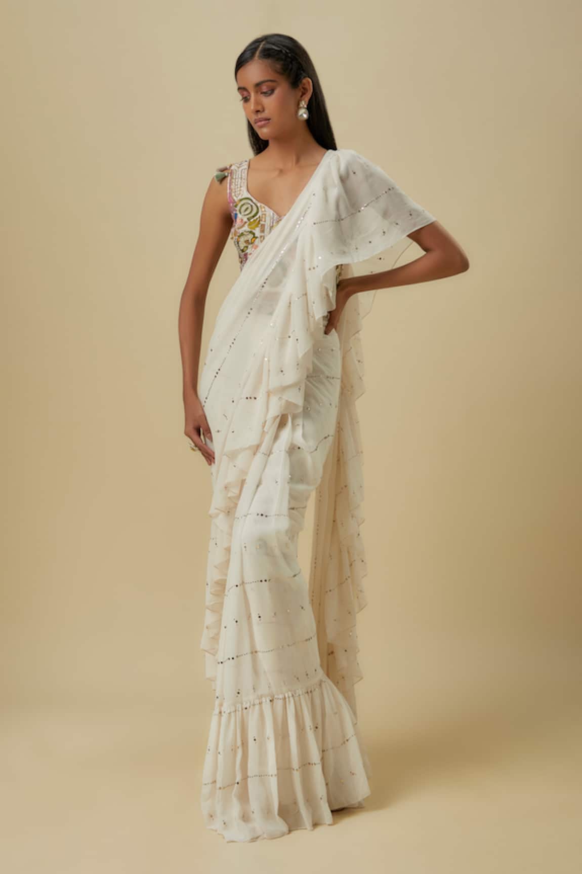Payal Singhal Off White Mukaish Georgette Pre-Draped Saree With Blouse 