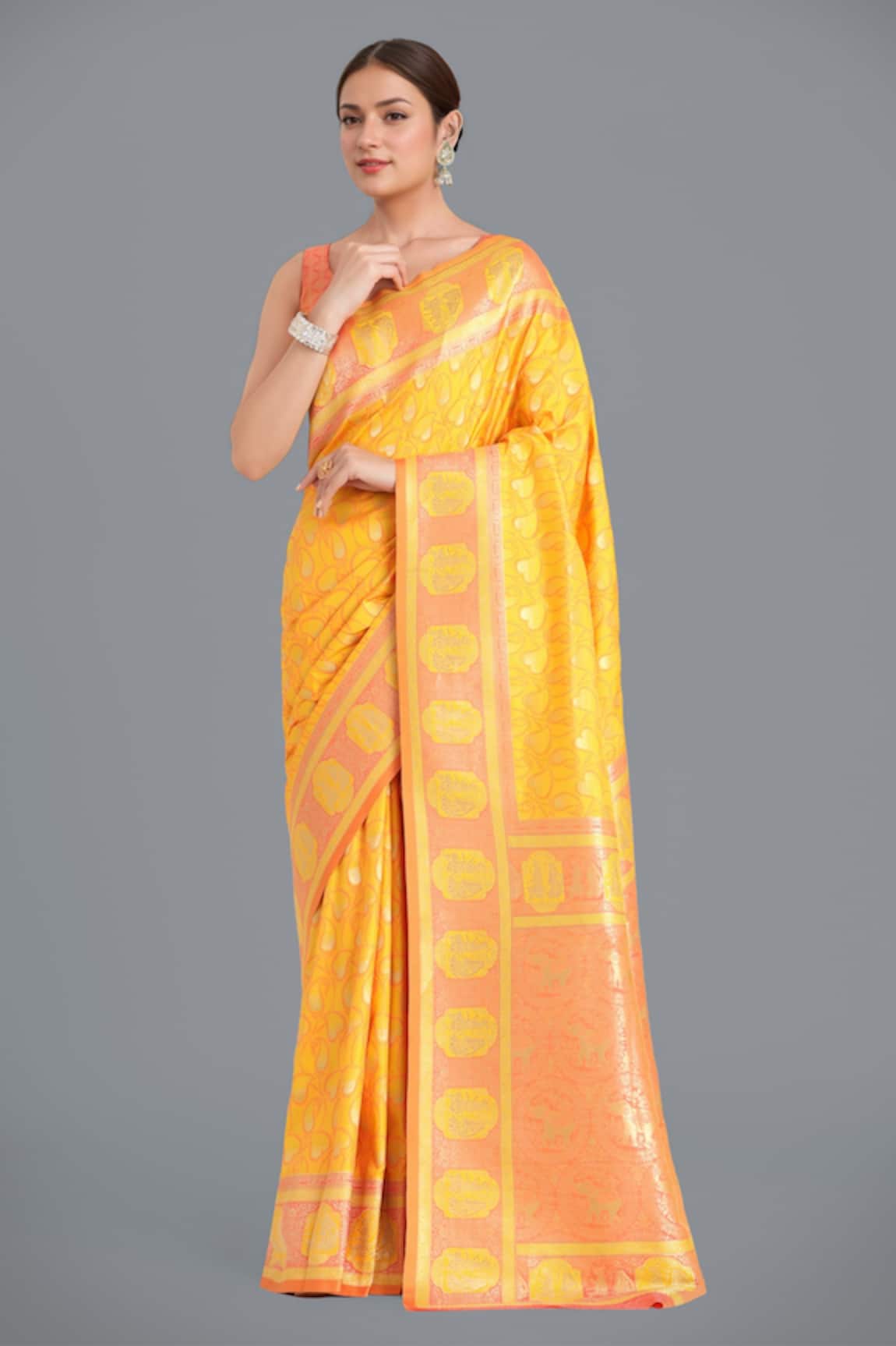 Samyukta Singhania Yellow Banarasi Silk Saree Set 
