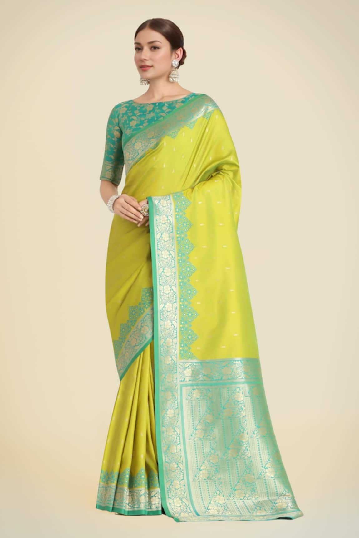 Samyukta Singhania Parrot Green Banarasi Silk Saree Set 