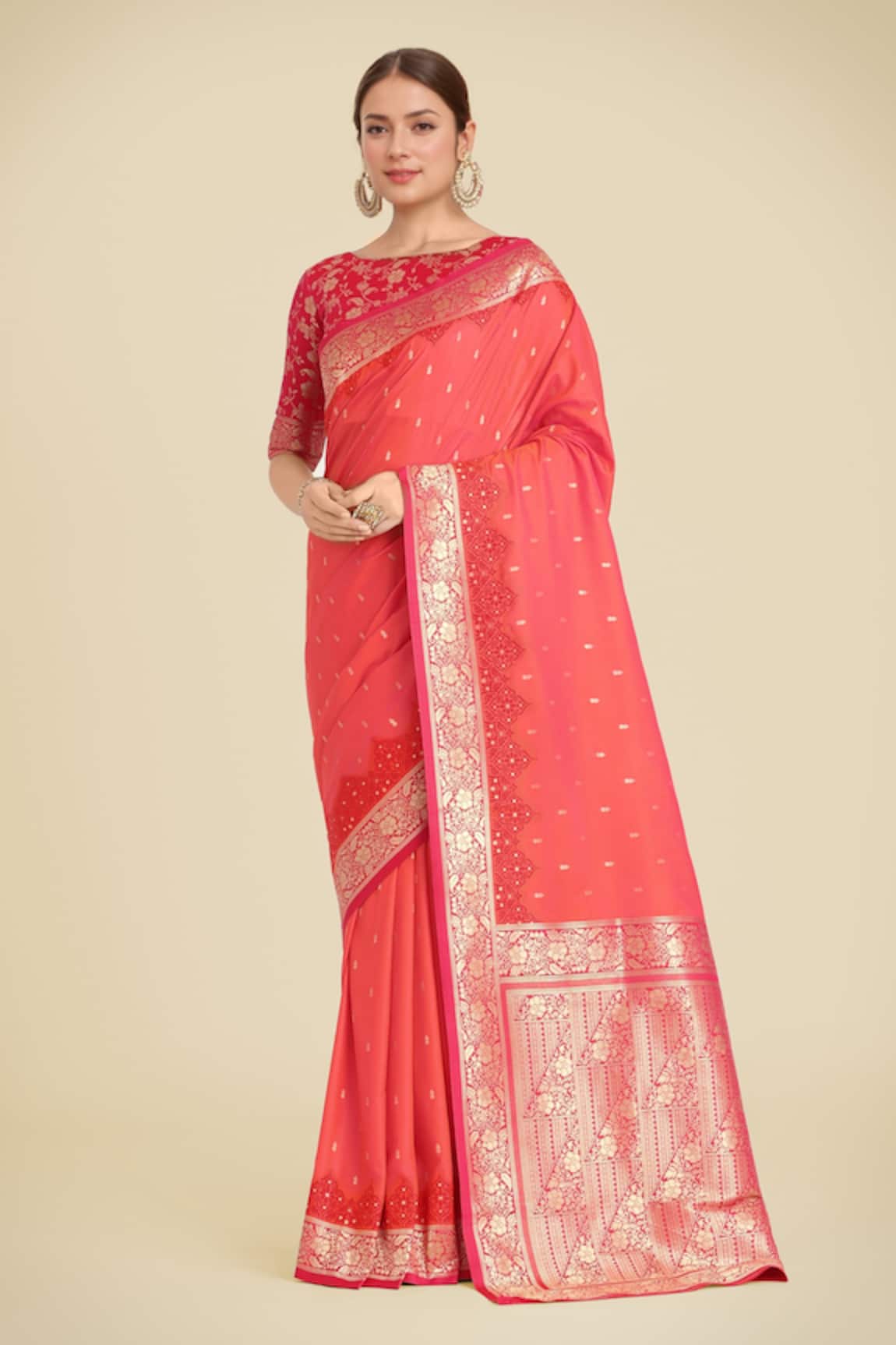 Samyukta Singhania Coral Pink Banarasi Silk Saree Set 