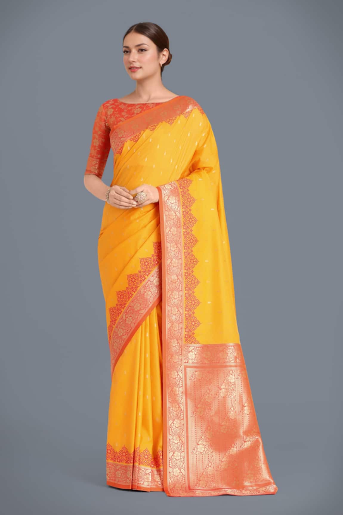 Samyukta Singhania Yellow Banarasi Silk Saree Set 