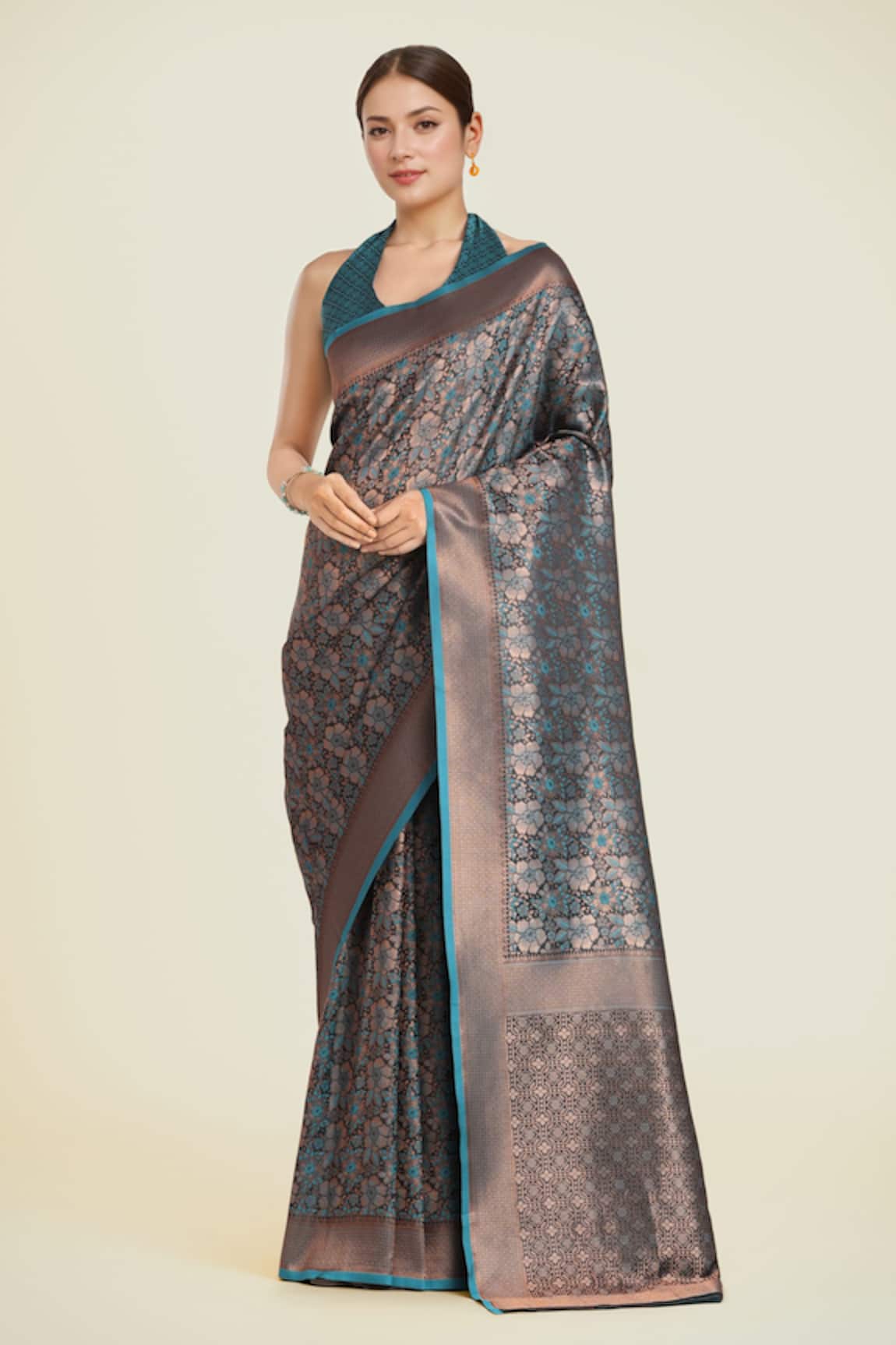 Samyukta Singhania Teal Blue Banarasi Silk Saree Set 