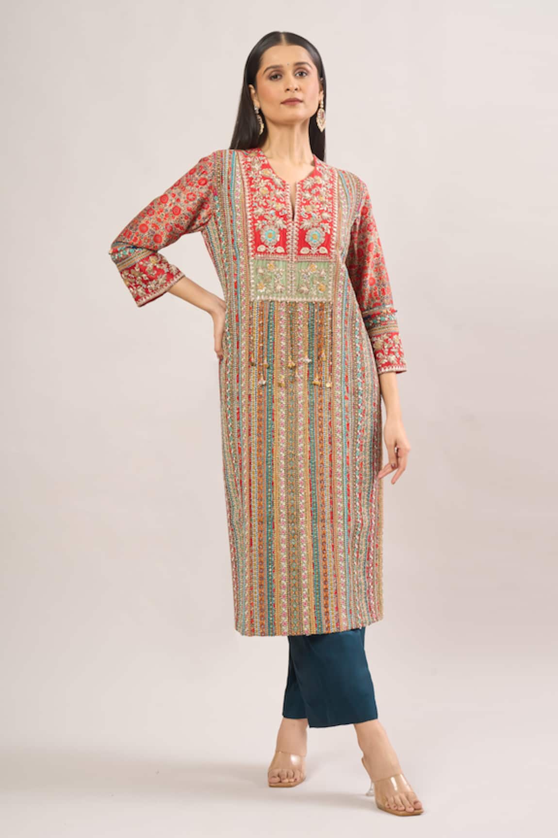 Debyani + CO Floral Thread Embroidered Striped Kurta With Pant