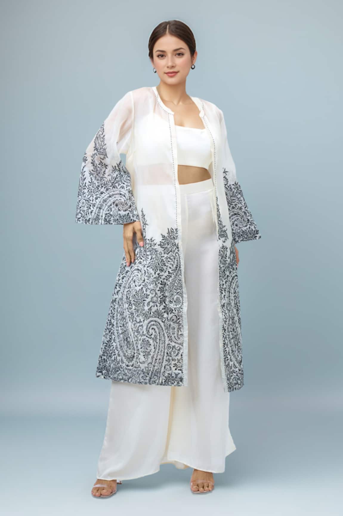 Tarun Tahiliani Ivory Embroidered Flared Sleeve Cape 