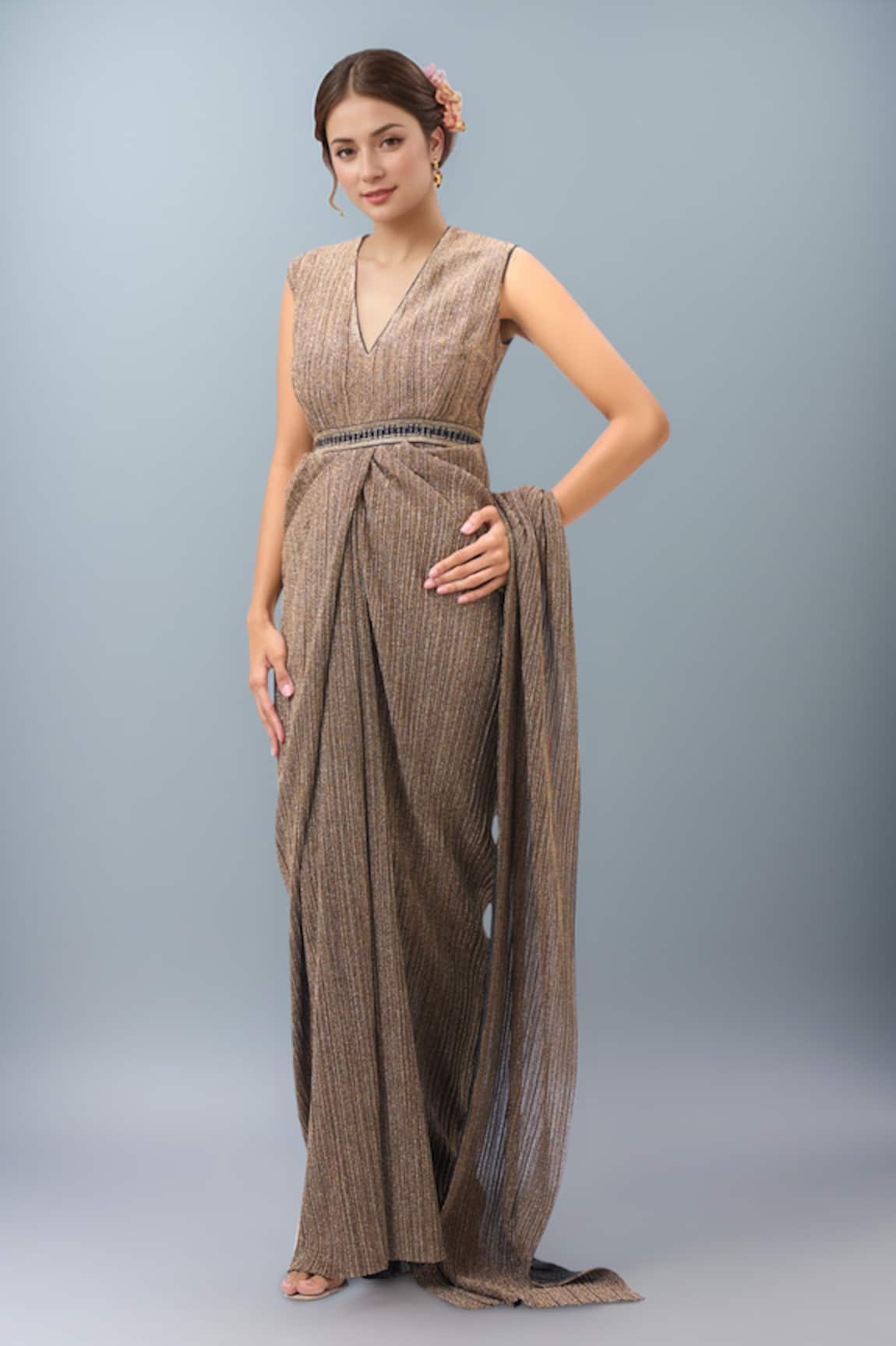 Tarun Tahiliani Gold Pleated Saree Gown 