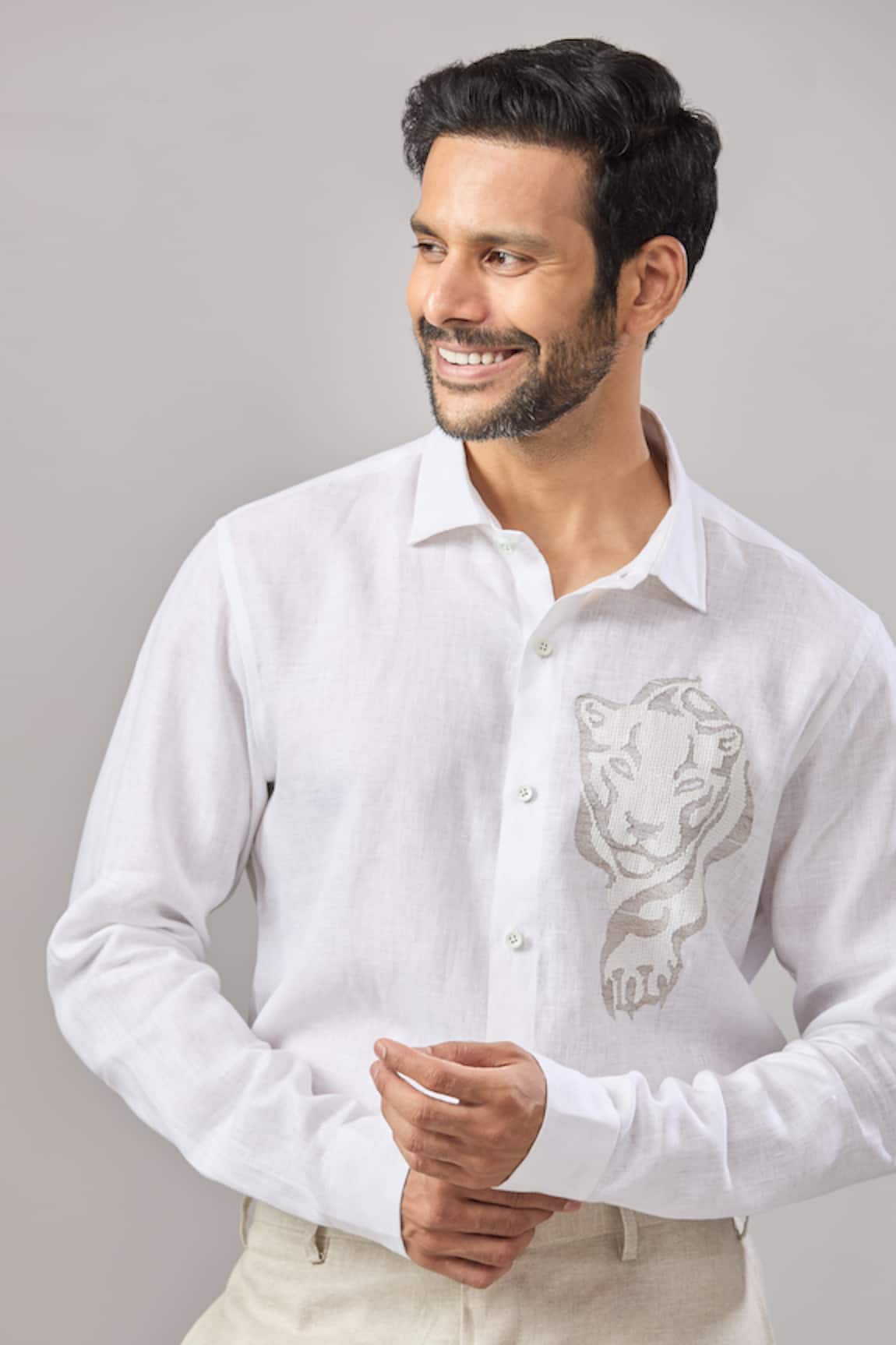 Aariyana Couture Tiger Placement Embroidered Casual Shirt 