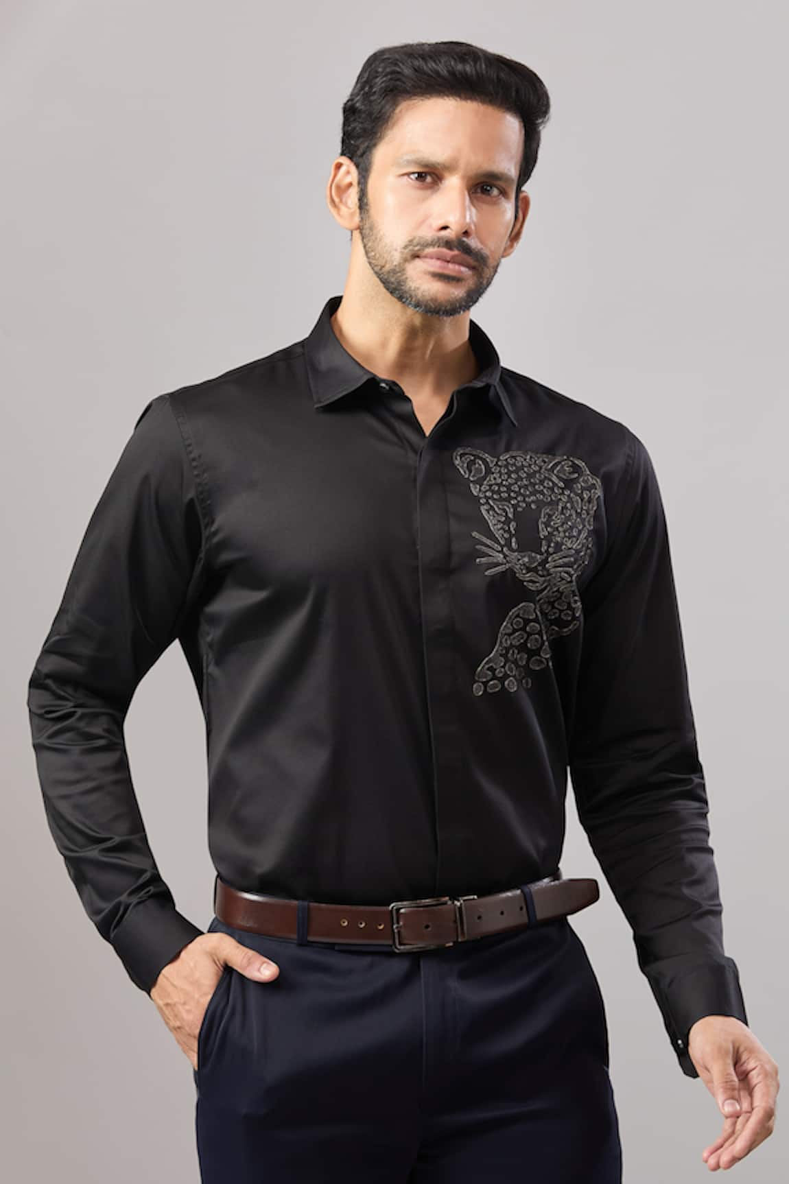 Aariyana Couture Cheetah Placement Embroidered Casual Shirt 